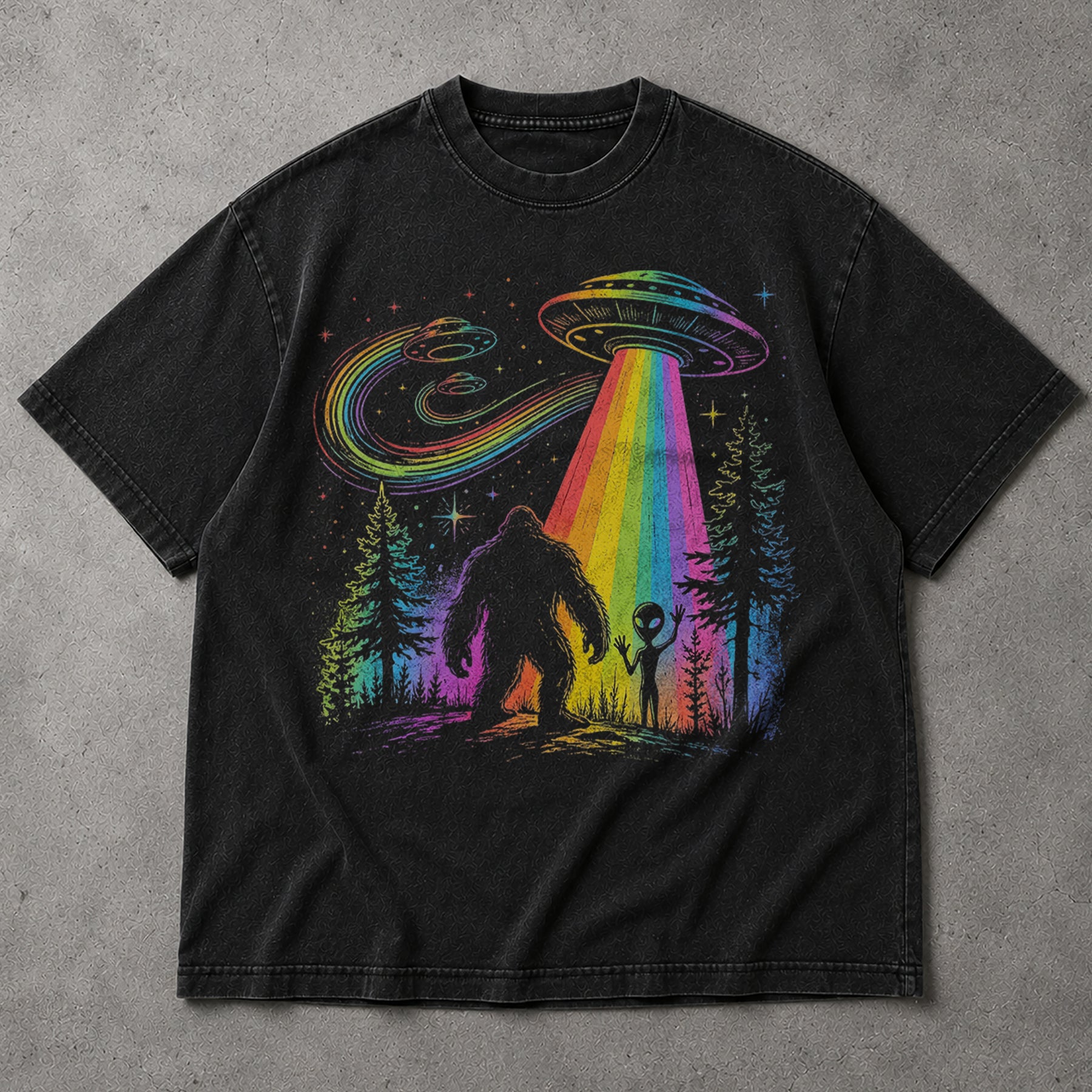 SF_COLOR=black; SF_ITEM=adult-t-shirt; SF_ROLE=main; Rainbow UFO Abduction Bigfoot Alien T-Shirt Sci Fi Nature Apparel - Black Adult T-Shirt product image