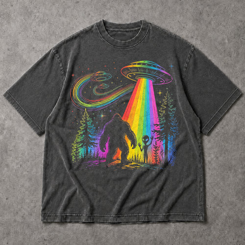 SF_COLOR=dark-heather; SF_ITEM=adult-t-shirt; SF_ROLE=main; Rainbow UFO Abduction Bigfoot Alien T-Shirt Sci Fi Nature Apparel - Dark Heather Adult T-Shirt product image