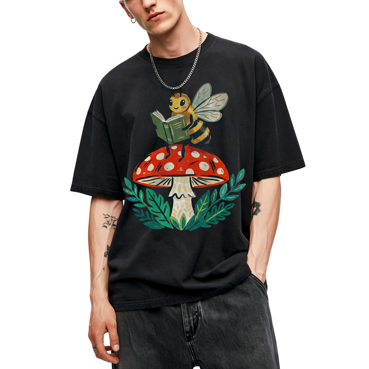 SF_COLOR=black; SF_ITEM=adult-t-shirt; SF_ROLE=main; Reading Bee Red Mushroom Bookworm Nature Cottagecore T-Shirt Whimsical Bug Tee - Black Adult T-Shirt product image