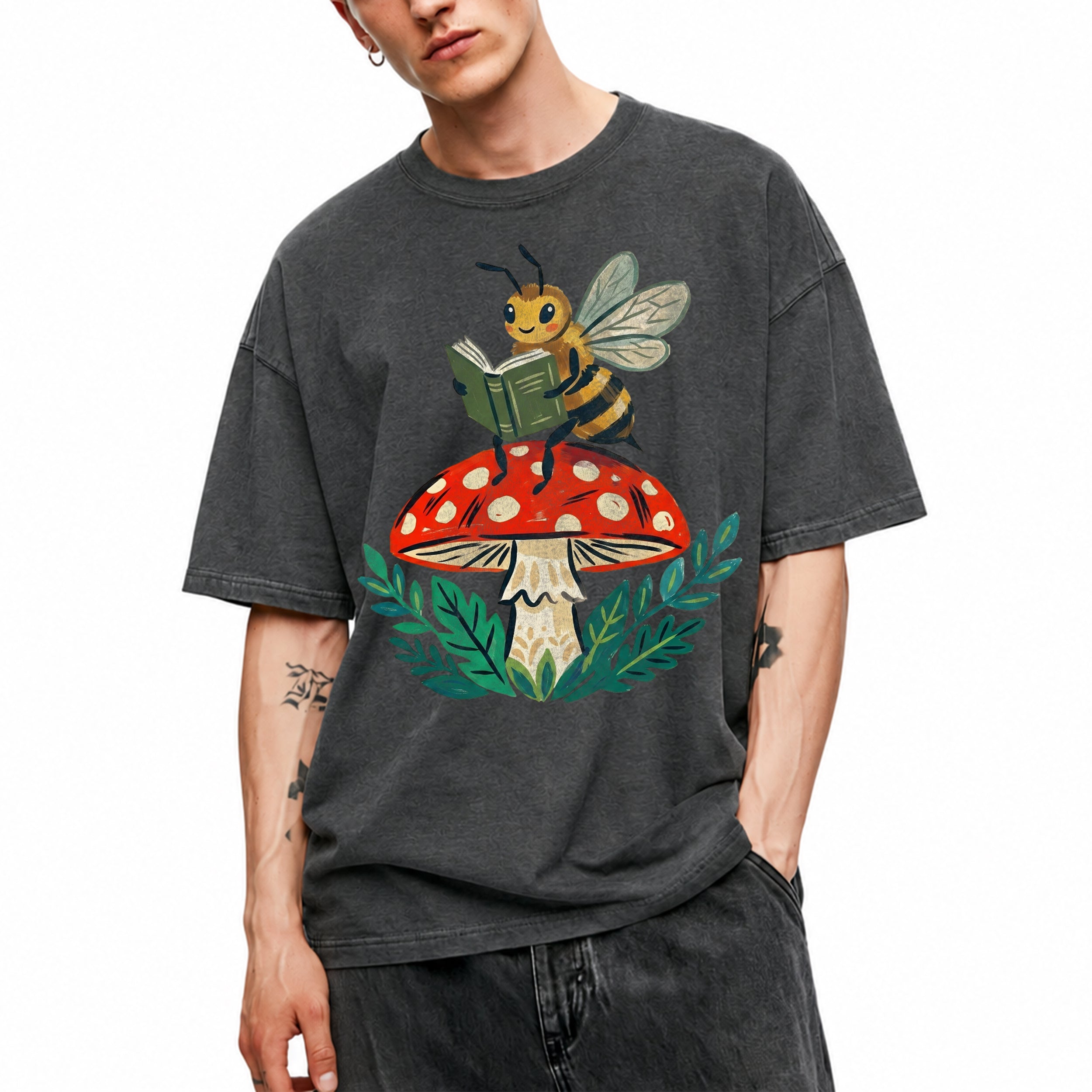 SF_COLOR=dark-heather; SF_ITEM=adult-t-shirt; SF_ROLE=main; Reading Bee Red Mushroom Bookworm Nature Cottagecore T-Shirt Whimsical Bug Tee - Dark Heather Adult T-Shirt product image