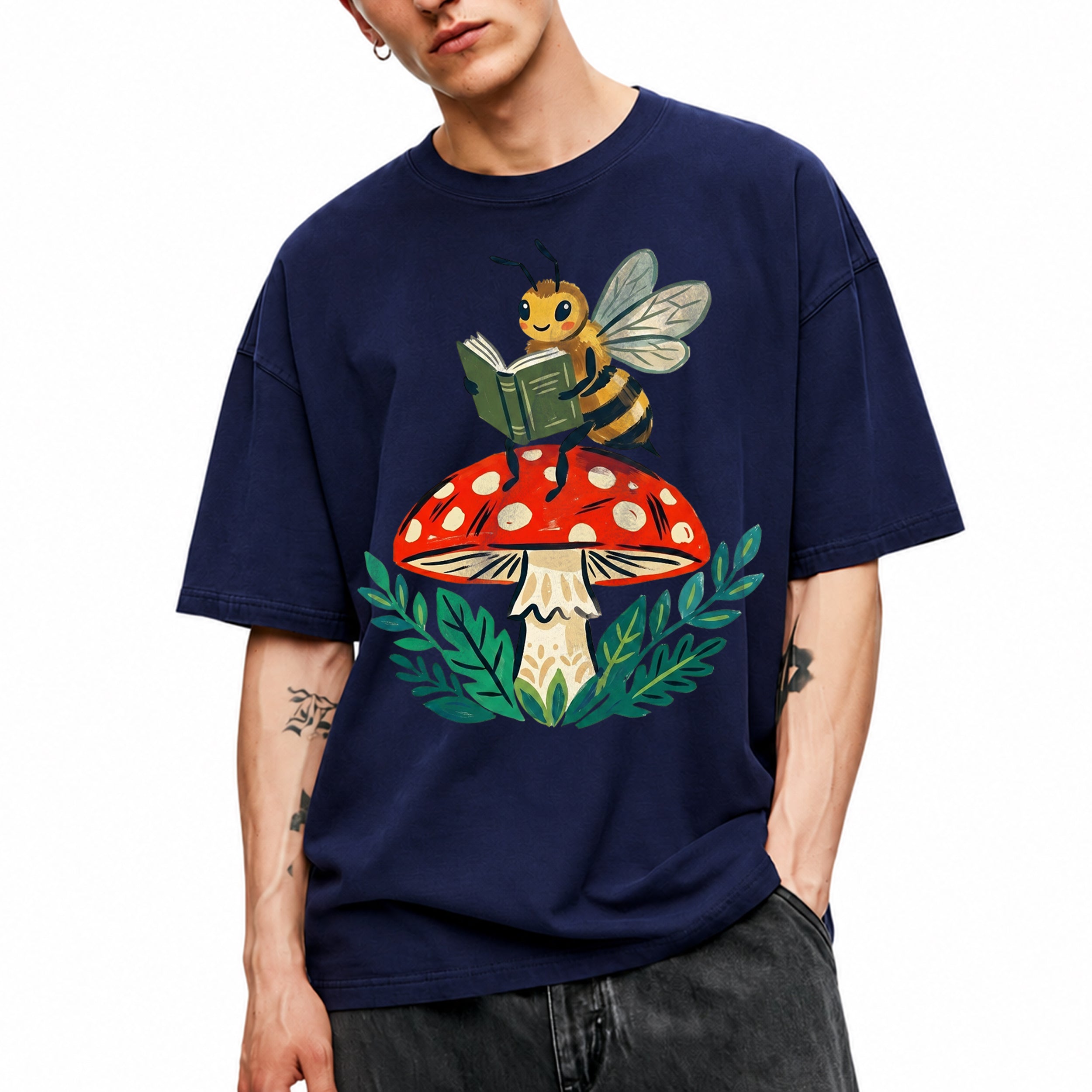 SF_COLOR=navy; SF_ITEM=adult-t-shirt; SF_ROLE=main; Reading Bee Red Mushroom Bookworm Nature Cottagecore T-Shirt Whimsical Bug Tee - Navy Adult T-Shirt product image