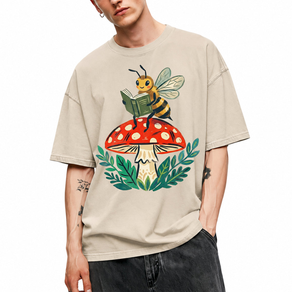 SF_COLOR=sand; SF_ITEM=adult-t-shirt; SF_ROLE=main; Reading Bee Red Mushroom Bookworm Nature Cottagecore T-Shirt Whimsical Bug Tee - Sand Adult T-Shirt product image