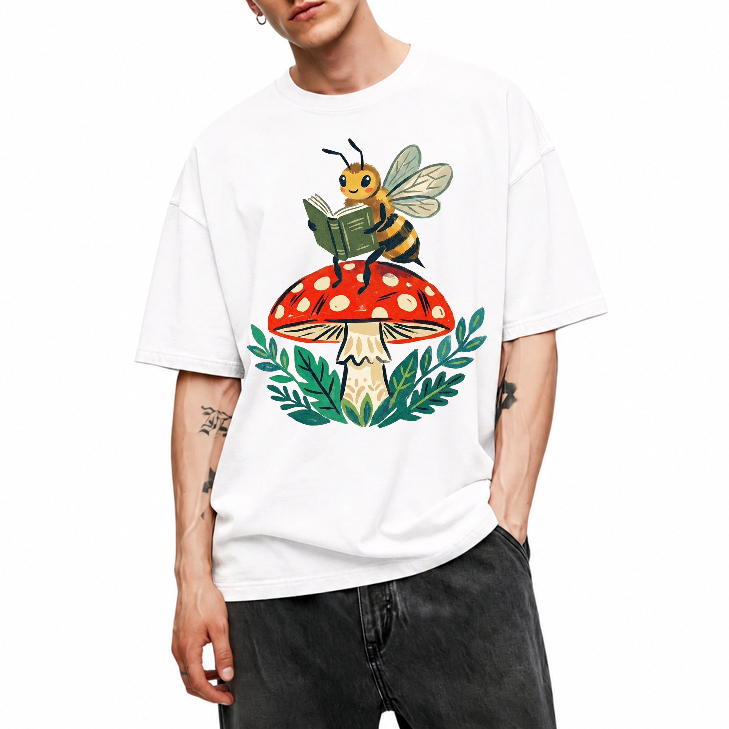 SF_COLOR=white; SF_ITEM=adult-t-shirt; SF_ROLE=main; Reading Bee Red Mushroom Bookworm Nature Cottagecore T-Shirt Whimsical Bug Tee - White Adult T-Shirt product image