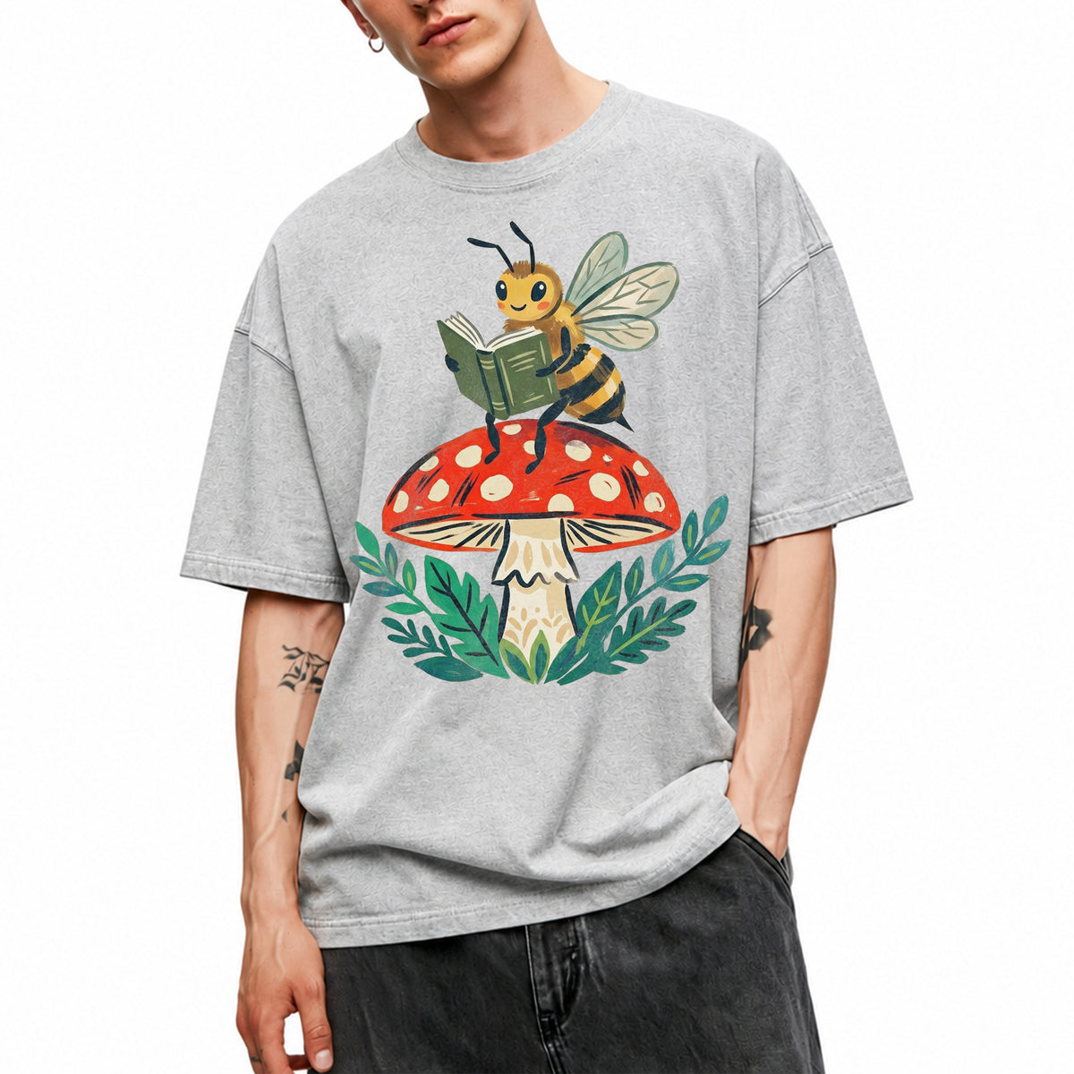 SF_COLOR=sport-grey; SF_ITEM=adult-t-shirt; SF_ROLE=main; Reading Bee Red Mushroom Bookworm Nature Cottagecore T-Shirt Whimsical Bug Tee - Sport Grey Adult T-Shirt product image
