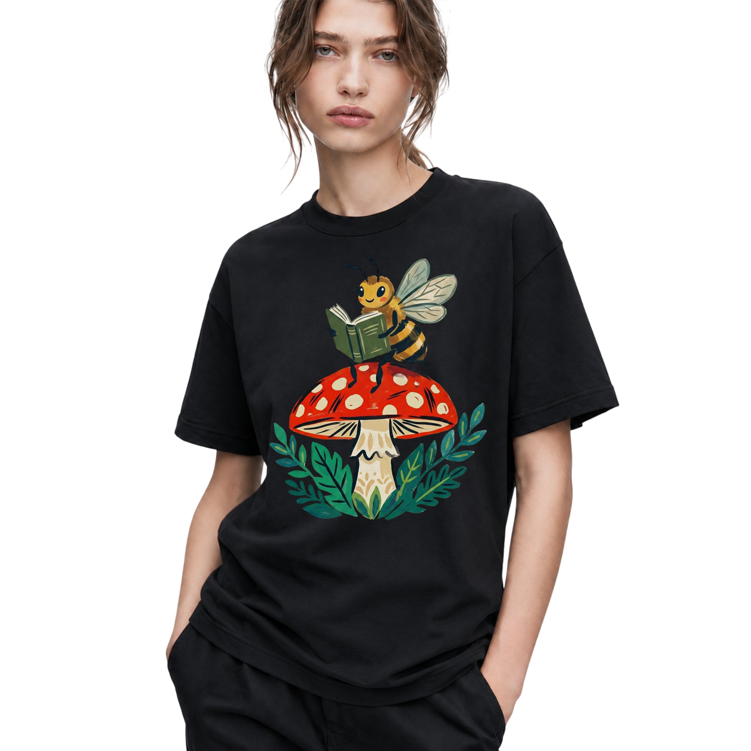 SF_COLOR=black; SF_ITEM=adult-t-shirt; SF_ROLE=gallery; Reading Bee Red Mushroom Bookworm Nature Cottagecore T-Shirt Whimsical Bug Tee - Black Adult T-Shirt product image