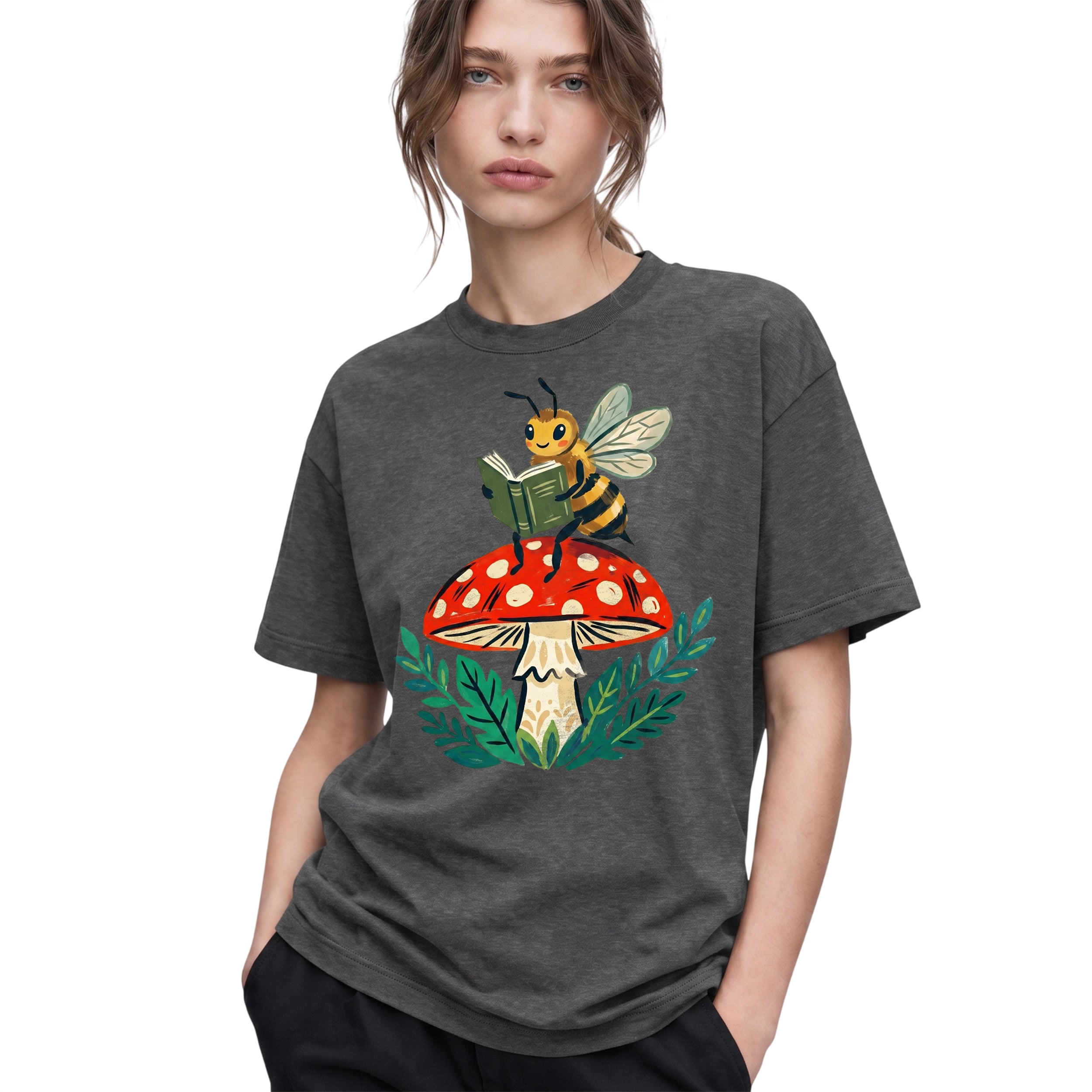 SF_COLOR=dark-heather; SF_ITEM=adult-t-shirt; SF_ROLE=gallery; Reading Bee Red Mushroom Bookworm Nature Cottagecore T-Shirt Whimsical Bug Tee - Dark Heather Adult T-Shirt product image