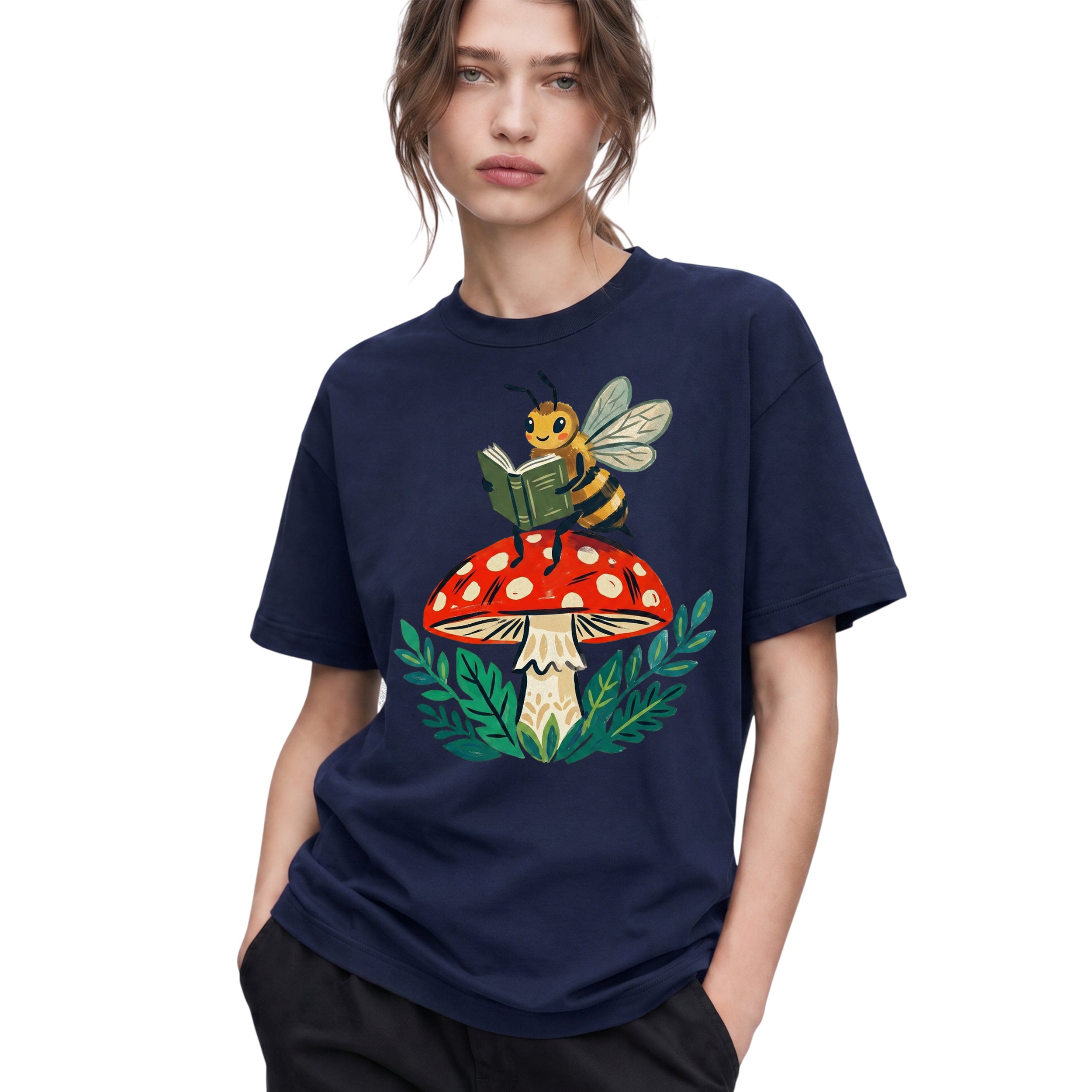 SF_COLOR=navy; SF_ITEM=adult-t-shirt; SF_ROLE=gallery; Reading Bee Red Mushroom Bookworm Nature Cottagecore T-Shirt Whimsical Bug Tee - Navy Adult T-Shirt product image