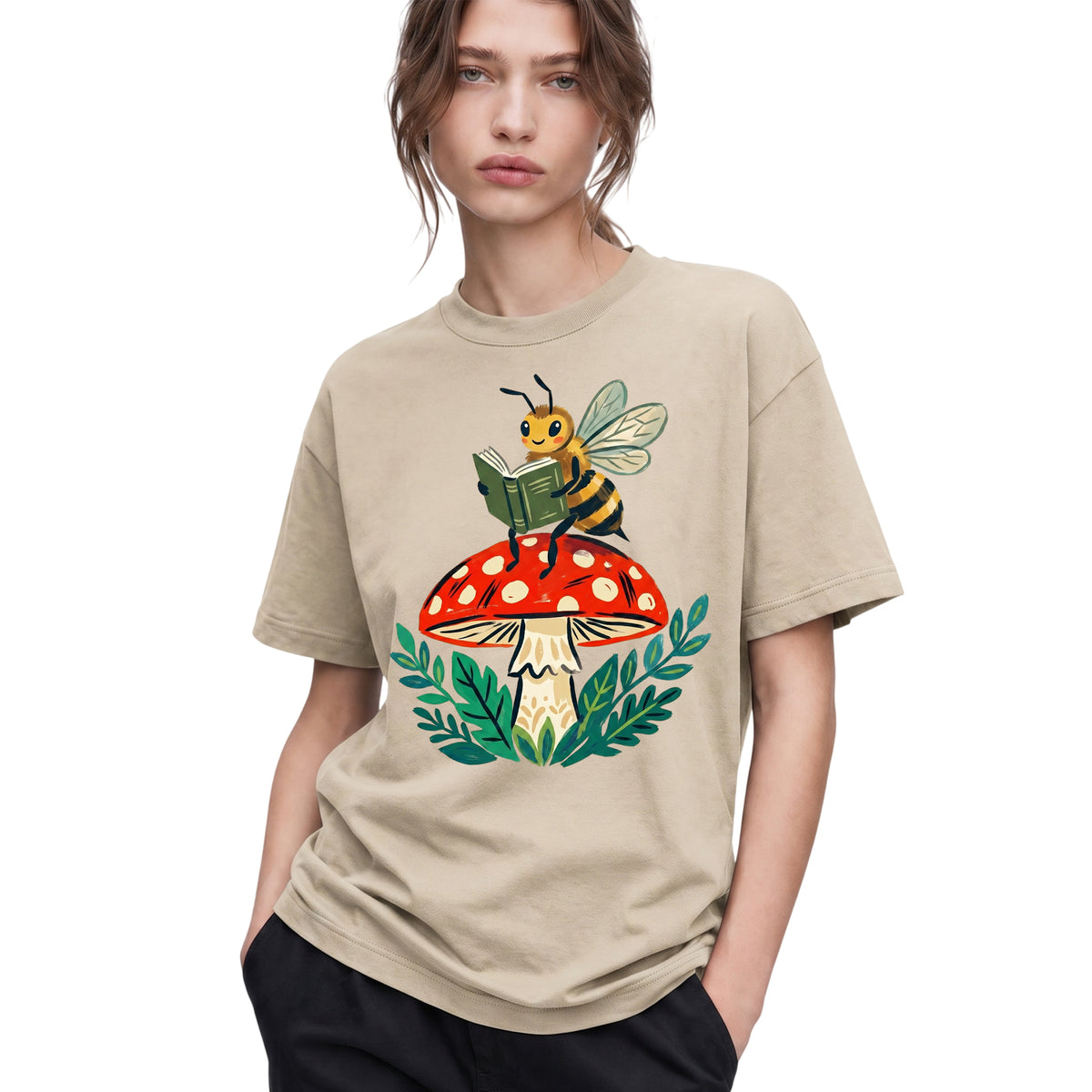 SF_COLOR=sand; SF_ITEM=adult-t-shirt; SF_ROLE=gallery; Reading Bee Red Mushroom Bookworm Nature Cottagecore T-Shirt Whimsical Bug Tee - Sand Adult T-Shirt product image