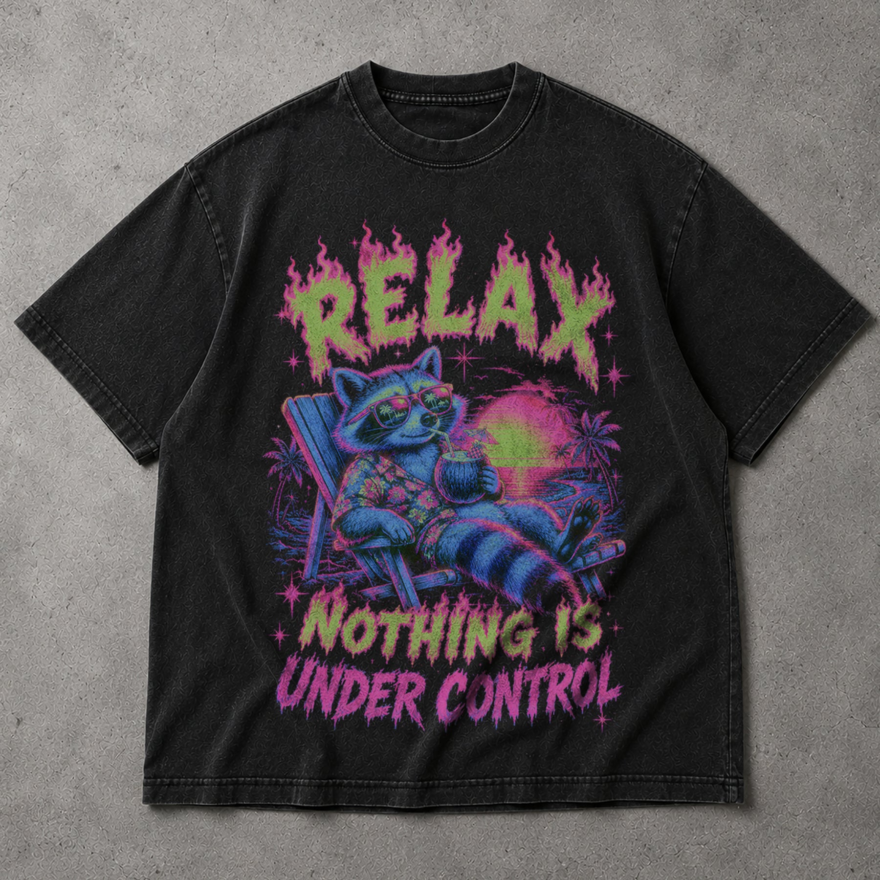 SF_COLOR=black; SF_ITEM=adult-t-shirt; SF_ROLE=main; Relax Nothing Is Under Control T-Shirt Funny Raccoon Vacation Summer Tee - Black Adult T-Shirt product image