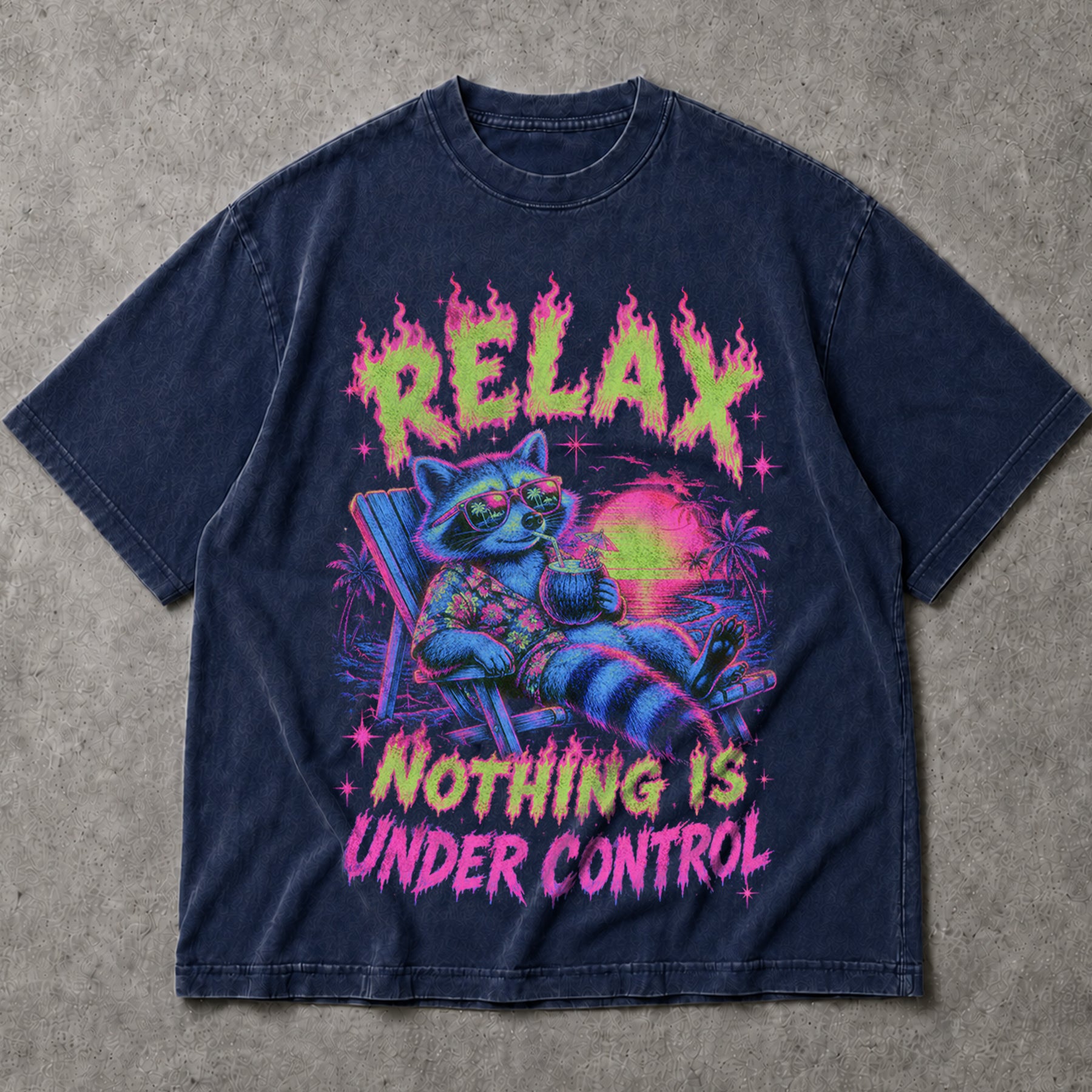 SF_COLOR=navy; SF_ITEM=adult-t-shirt; SF_ROLE=main; Relax Nothing Is Under Control T-Shirt Funny Raccoon Vacation Summer Tee - Navy Adult T-Shirt product image