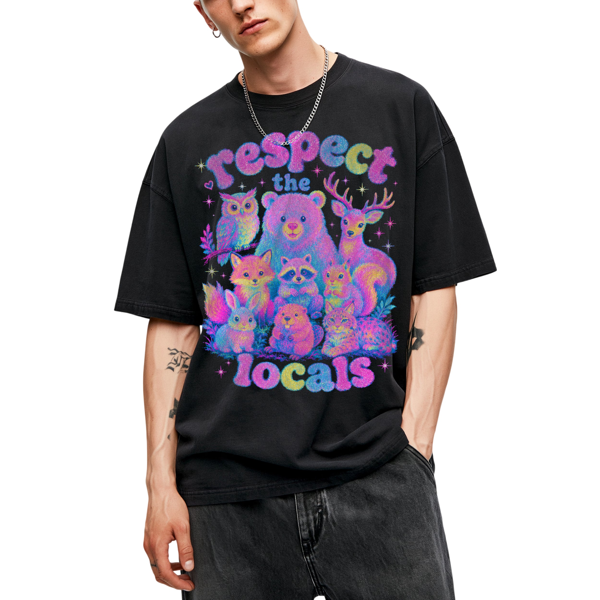 SF_COLOR=black; SF_ITEM=adult-t-shirt; SF_ROLE=main; Respect The Locals Glitter Forest Animal T-Shirt Retro Hiking Outdoors Tee - Black Adult T-Shirt product image