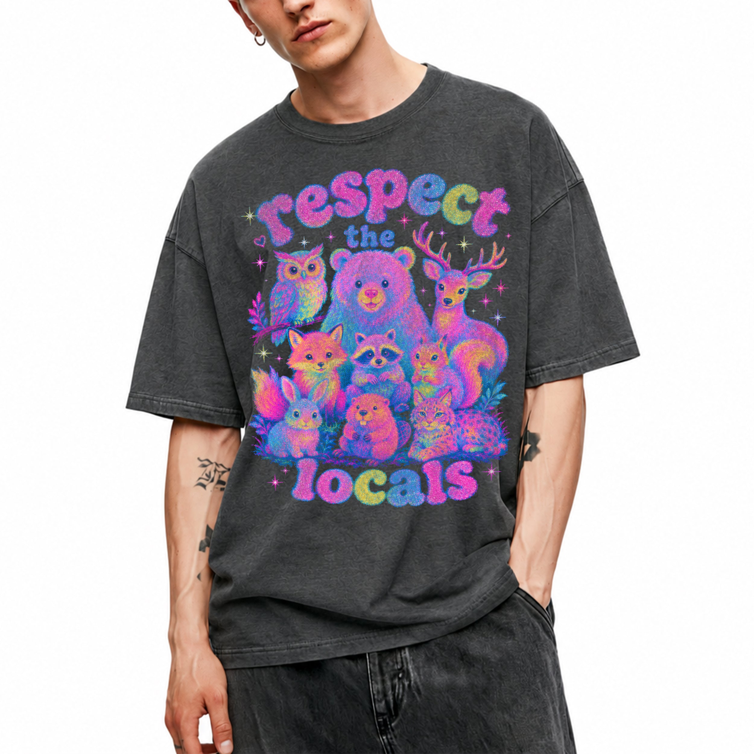 SF_COLOR=dark-heather; SF_ITEM=adult-t-shirt; SF_ROLE=main; Respect The Locals Glitter Forest Animal T-Shirt Retro Hiking Outdoors Tee - Dark Heather Adult T-Shirt product image