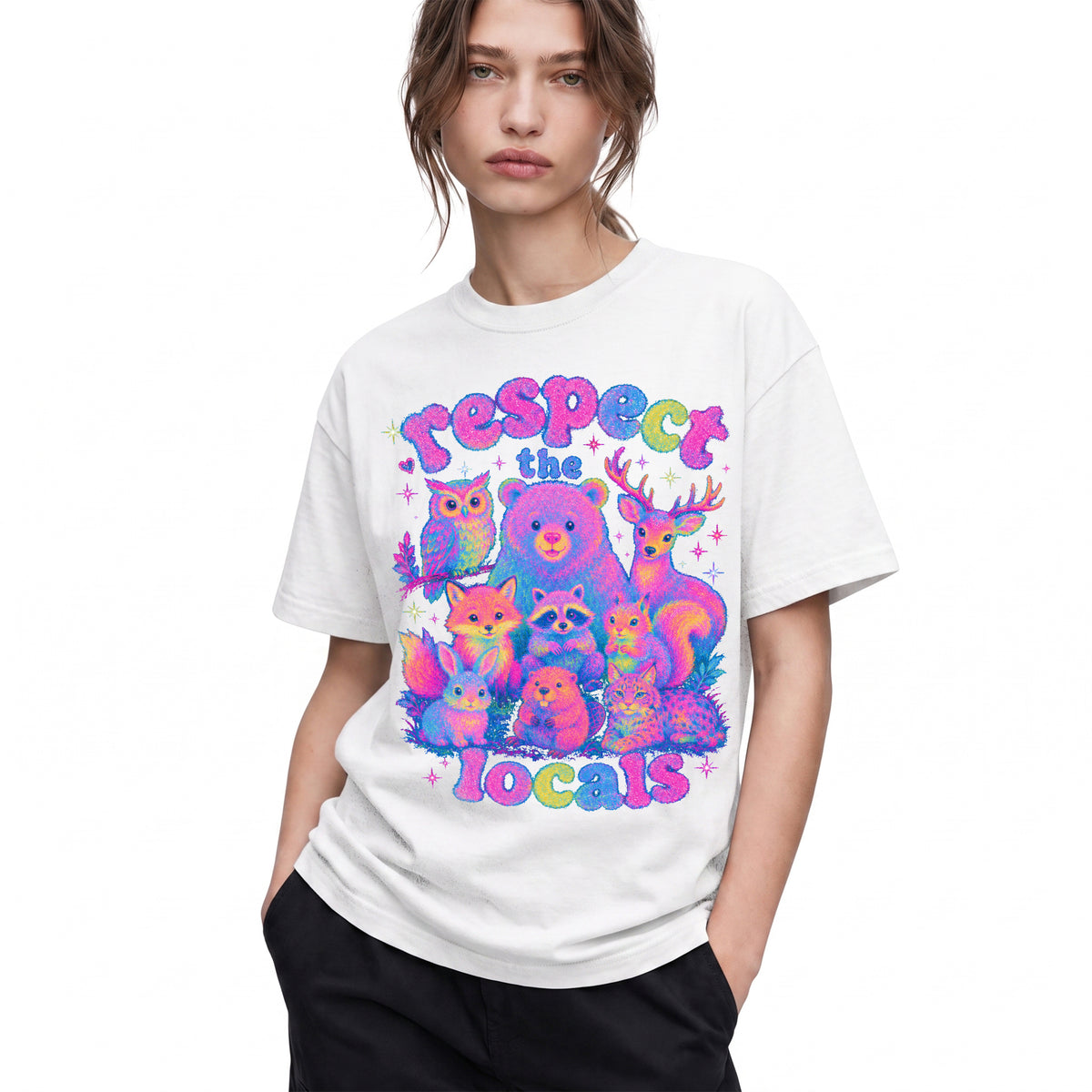 SF_COLOR=white; SF_ITEM=adult-t-shirt; SF_ROLE=gallery; Respect The Locals Glitter Forest Animal T-Shirt Retro Hiking Outdoors Tee - White Adult T-Shirt product image
