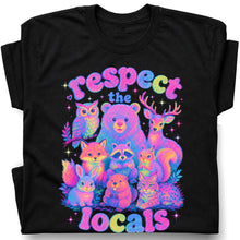 SF_COLOR=black; SF_ITEM=adult-t-shirt; SF_ROLE=gallery; Respect The Locals Glitter Forest Animal T-Shirt Retro Hiking Outdoors Tee - Black Adult T-Shirt product image