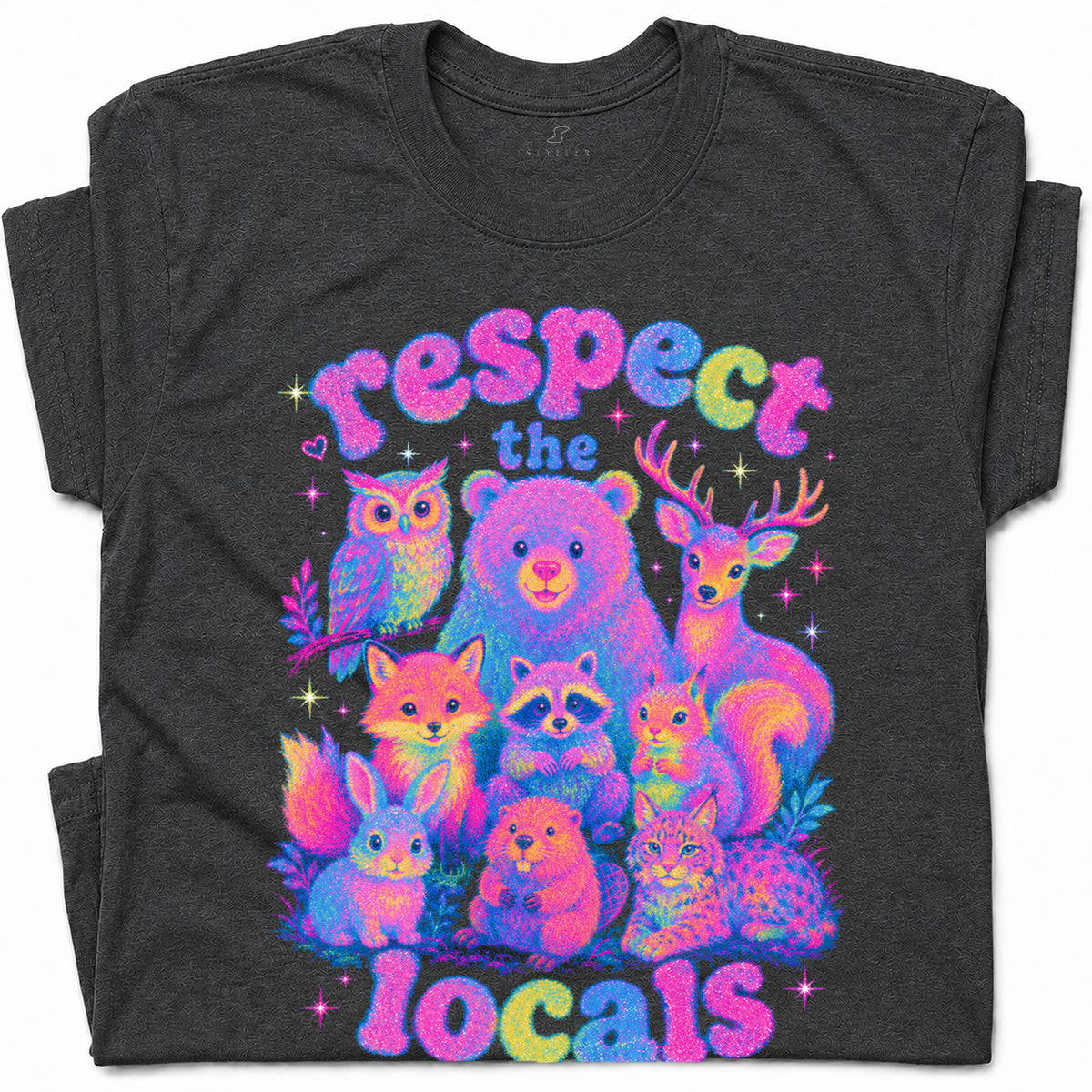 SF_COLOR=dark-heather; SF_ITEM=adult-t-shirt; SF_ROLE=gallery; Respect The Locals Glitter Forest Animal T-Shirt Retro Hiking Outdoors Tee - Dark Heather Adult T-Shirt product image