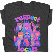 SF_COLOR=dark-heather; SF_ITEM=adult-t-shirt; SF_ROLE=gallery; Respect The Locals Glitter Forest Animal T-Shirt Retro Hiking Outdoors Tee - Dark Heather Adult T-Shirt product image