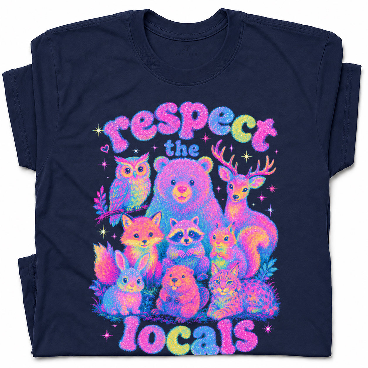 SF_COLOR=navy; SF_ITEM=adult-t-shirt; SF_ROLE=gallery; Respect The Locals Glitter Forest Animal T-Shirt Retro Hiking Outdoors Tee - Navy Adult T-Shirt product image