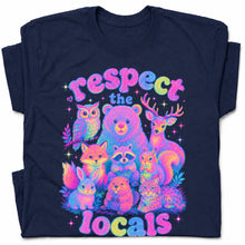 SF_COLOR=navy; SF_ITEM=adult-t-shirt; SF_ROLE=gallery; Respect The Locals Glitter Forest Animal T-Shirt Retro Hiking Outdoors Tee - Navy Adult T-Shirt product image