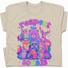 SF_COLOR=sand; SF_ITEM=adult-t-shirt; SF_ROLE=gallery; Respect The Locals Glitter Forest Animal T-Shirt Retro Hiking Outdoors Tee - Sand Adult T-Shirt product image