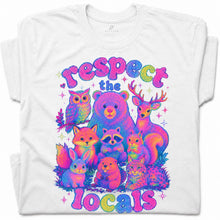 SF_COLOR=white; SF_ITEM=adult-t-shirt; SF_ROLE=gallery; Respect The Locals Glitter Forest Animal T-Shirt Retro Hiking Outdoors Tee - White Adult T-Shirt product image
