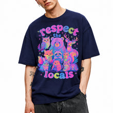 SF_COLOR=navy; SF_ITEM=adult-t-shirt; SF_ROLE=main; Respect The Locals Glitter Forest Animal T-Shirt Retro Hiking Outdoors Tee - Navy Adult T-Shirt product image