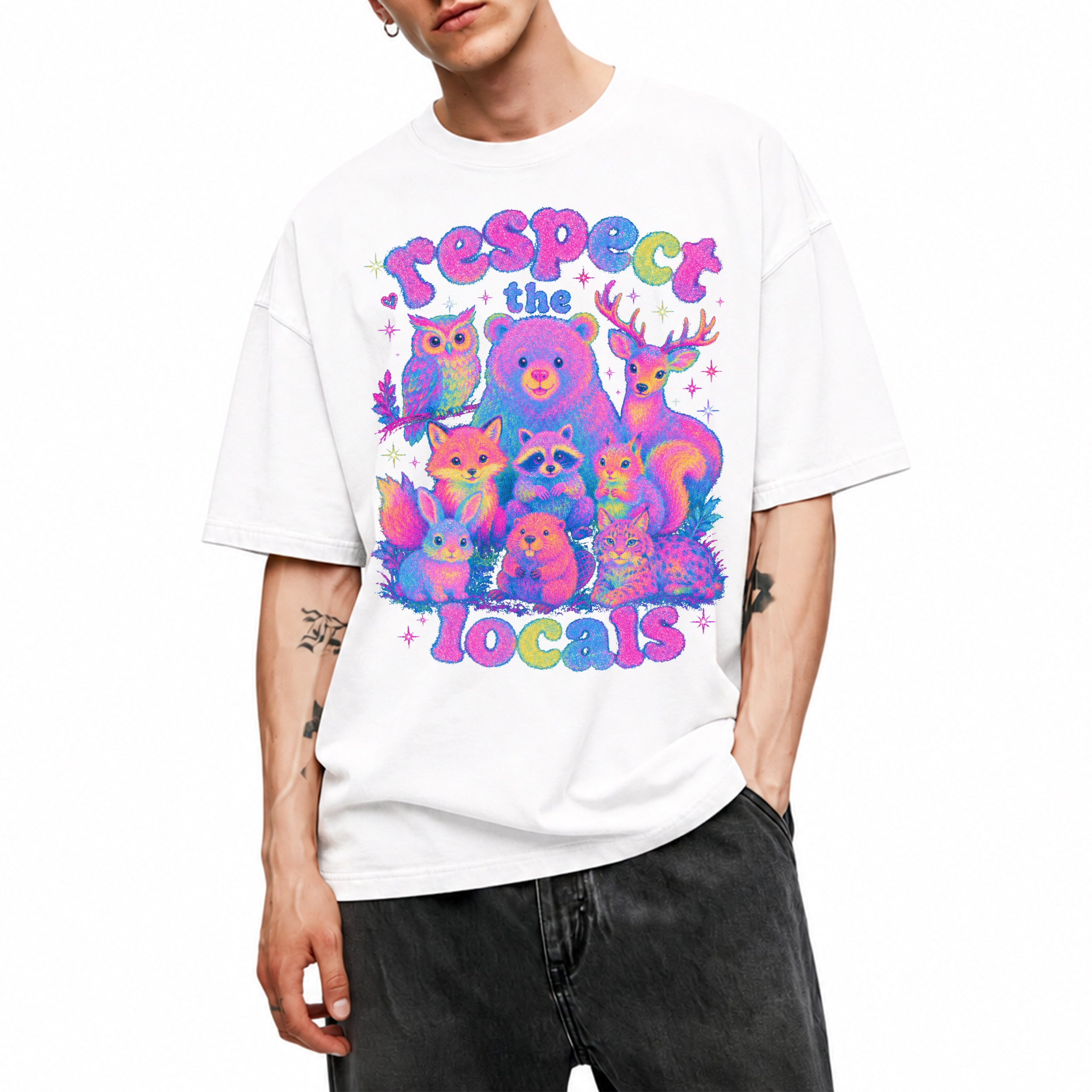 SF_COLOR=white; SF_ITEM=adult-t-shirt; SF_ROLE=main; Respect The Locals Glitter Forest Animal T-Shirt Retro Hiking Outdoors Tee - White Adult T-Shirt product image
