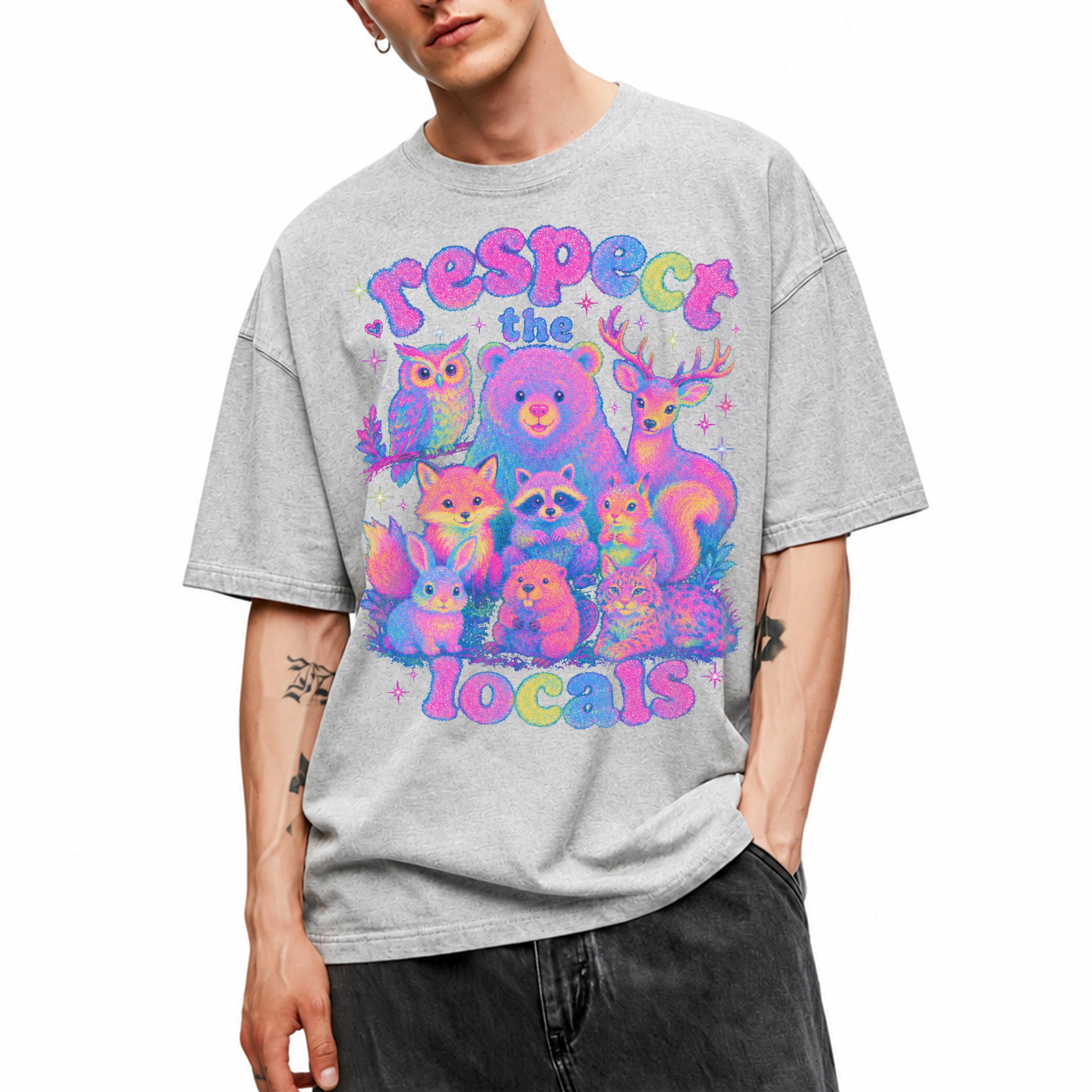 SF_COLOR=sport-grey; SF_ITEM=adult-t-shirt; SF_ROLE=main; Respect The Locals Glitter Forest Animal T-Shirt Retro Hiking Outdoors Tee - Sport Grey Adult T-Shirt product image
