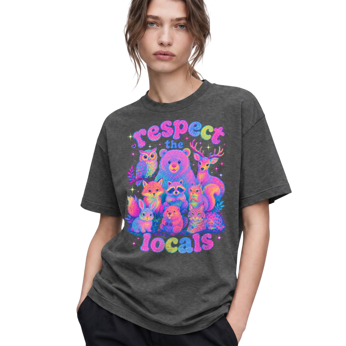 SF_COLOR=dark-heather; SF_ITEM=adult-t-shirt; SF_ROLE=gallery; Respect The Locals Glitter Forest Animal T-Shirt Retro Hiking Outdoors Tee - Dark Heather Adult T-Shirt product image