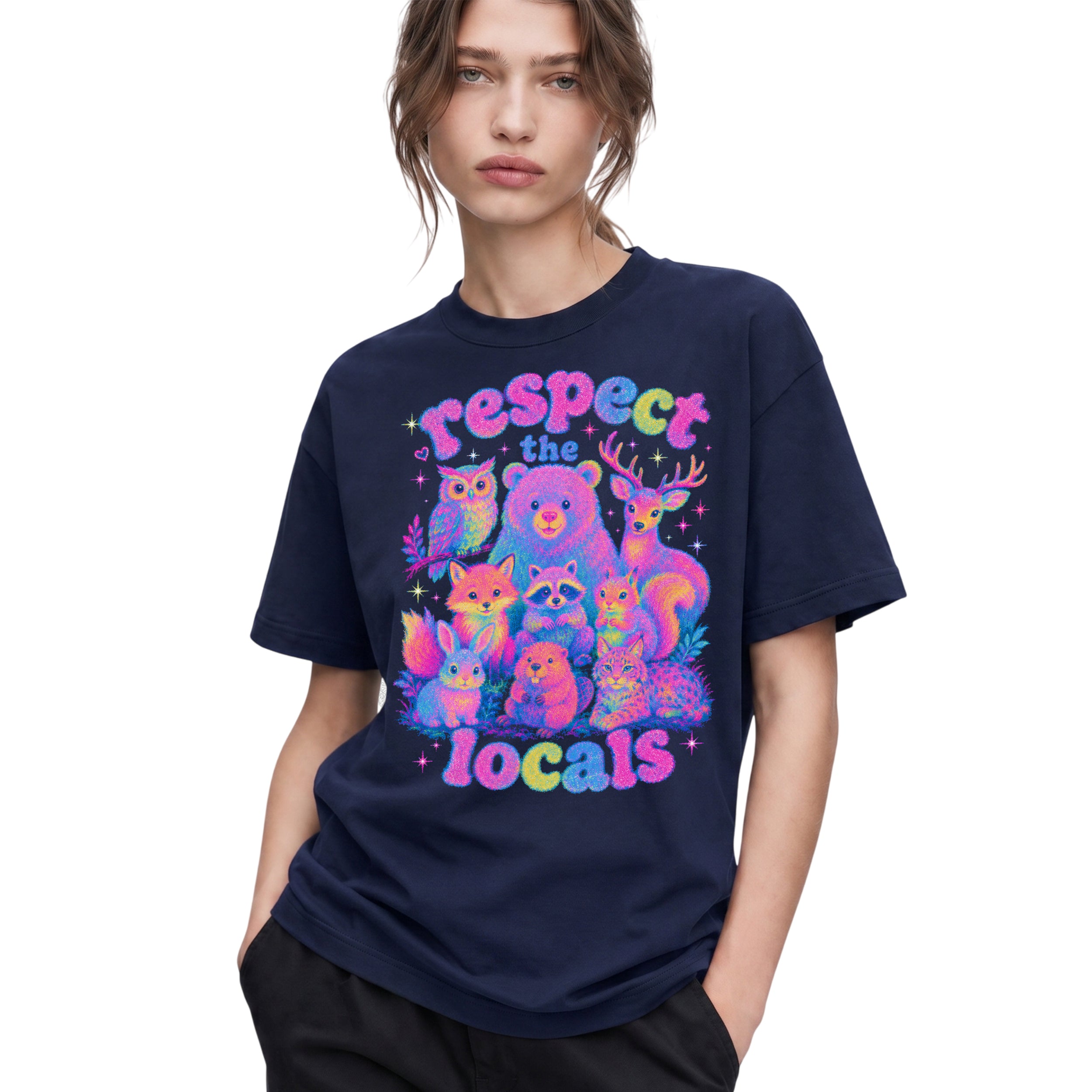 SF_COLOR=navy; SF_ITEM=adult-t-shirt; SF_ROLE=gallery; Respect The Locals Glitter Forest Animal T-Shirt Retro Hiking Outdoors Tee - Navy Adult T-Shirt product image