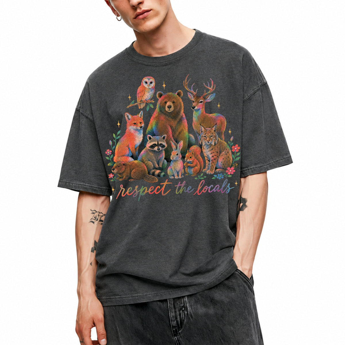 SF_COLOR=dark-heather; SF_ITEM=adult-t-shirt; SF_ROLE=main; Respect The Locals Forest Animals Nature T-Shirt Funny Hiking Outdoors Tee - Dark Heather Adult T-Shirt product image