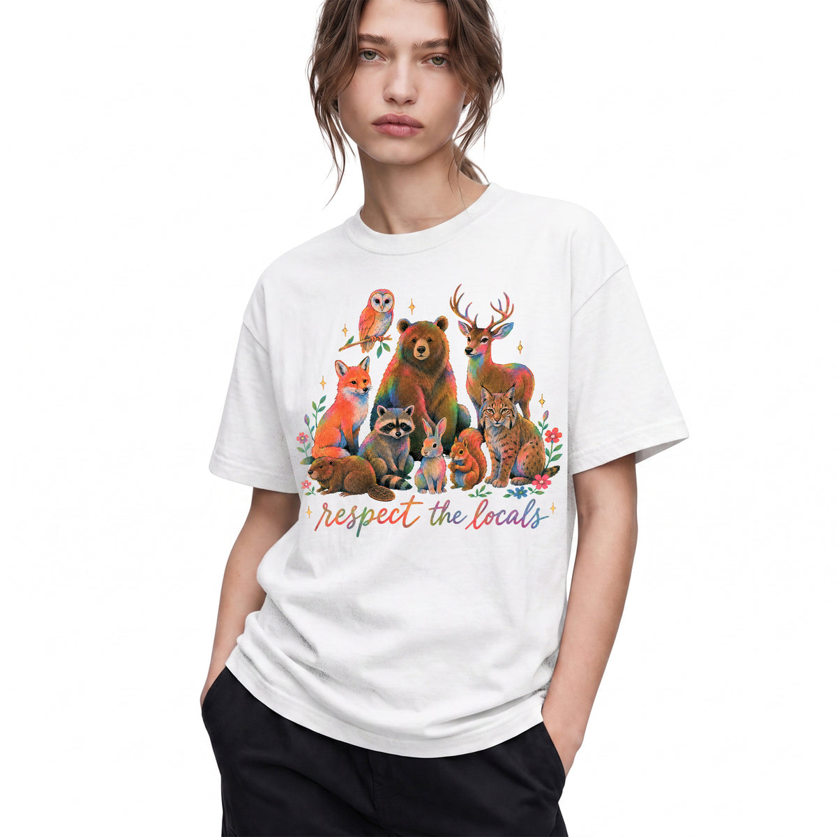 SF_COLOR=white; SF_ITEM=adult-t-shirt; SF_ROLE=gallery; Respect The Locals Forest Animals Nature T-Shirt Funny Hiking Outdoors Tee - White Adult T-Shirt product image