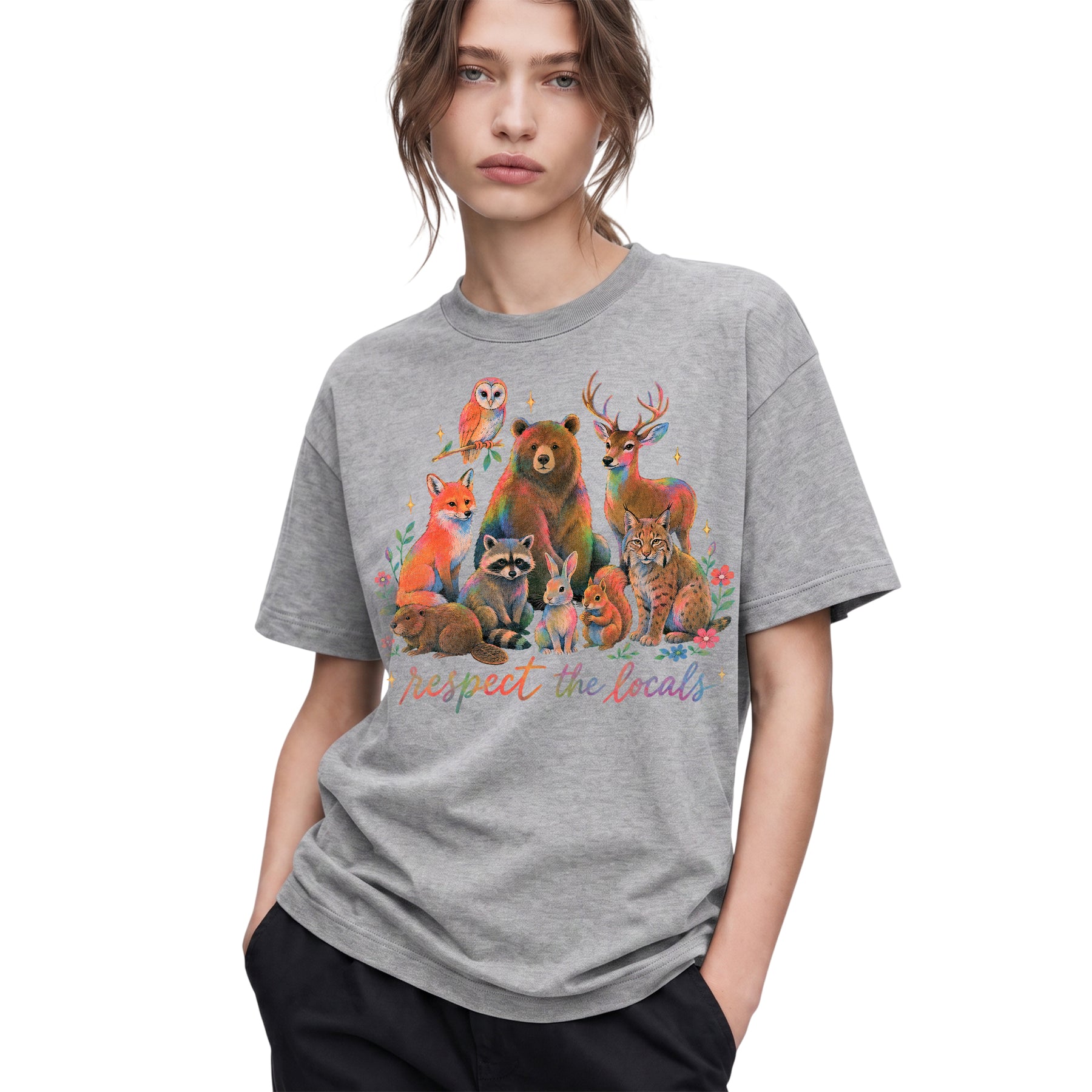 SF_COLOR=sport-grey; SF_ITEM=adult-t-shirt; SF_ROLE=gallery; Respect The Locals Forest Animals Nature T-Shirt Funny Hiking Outdoors Tee - Sport Grey Adult T-Shirt product image