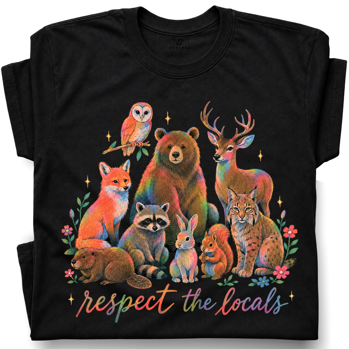 SF_COLOR=black; SF_ITEM=adult-t-shirt; SF_ROLE=gallery; Respect The Locals Forest Animals Nature T-Shirt Funny Hiking Outdoors Tee - Black Adult T-Shirt product image