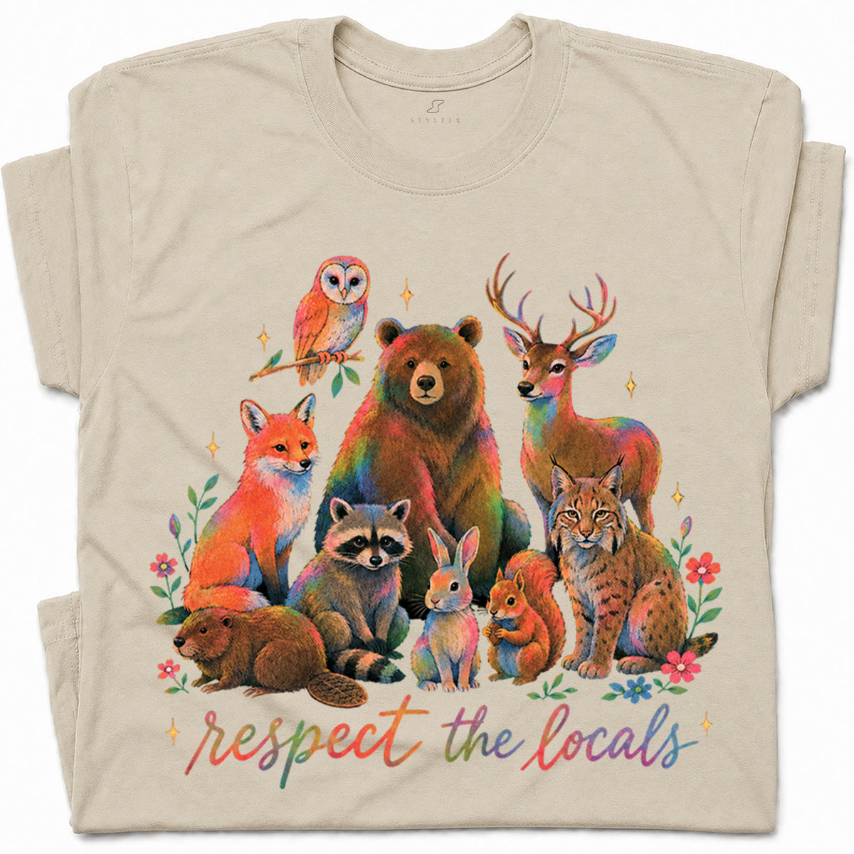 SF_COLOR=sand; SF_ITEM=adult-t-shirt; SF_ROLE=gallery; Respect The Locals Forest Animals Nature T-Shirt Funny Hiking Outdoors Tee - Sand Adult T-Shirt product image