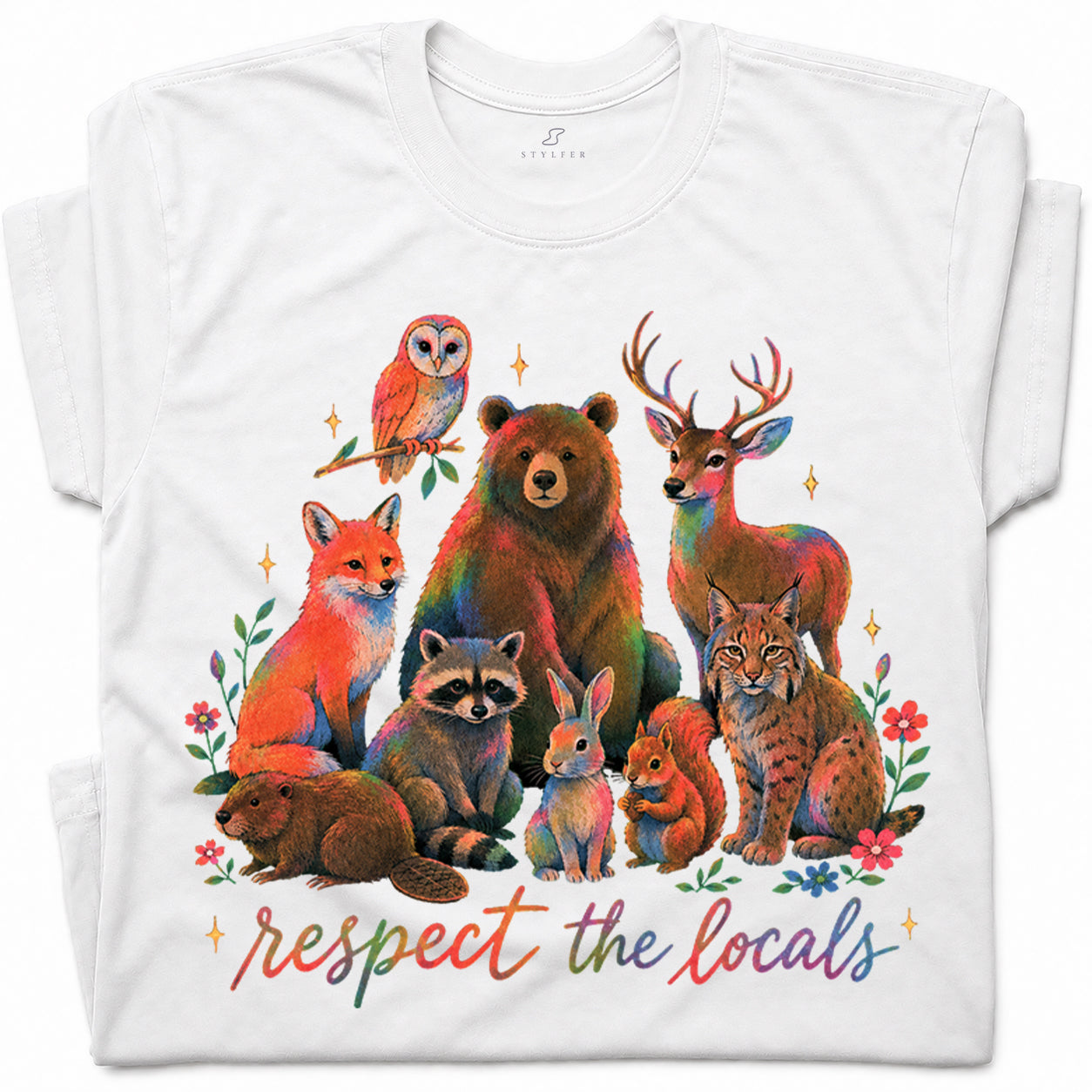 SF_COLOR=white; SF_ITEM=adult-t-shirt; SF_ROLE=gallery; Respect The Locals Forest Animals Nature T-Shirt Funny Hiking Outdoors Tee - White Adult T-Shirt product image