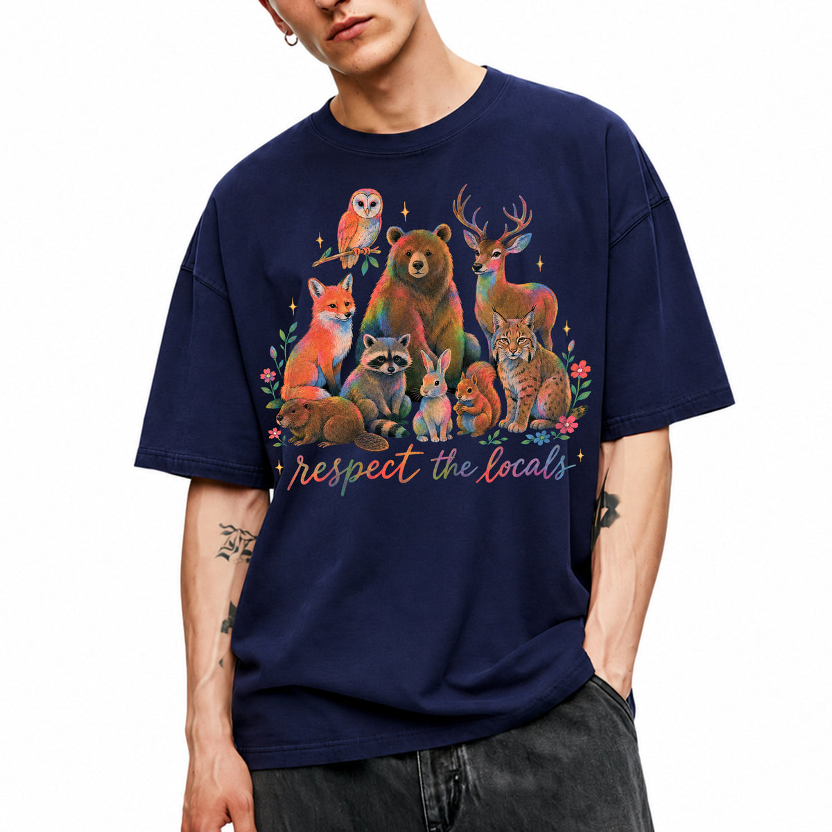 SF_COLOR=navy; SF_ITEM=adult-t-shirt; SF_ROLE=main; Respect The Locals Forest Animals Nature T-Shirt Funny Hiking Outdoors Tee - Navy Adult T-Shirt product image