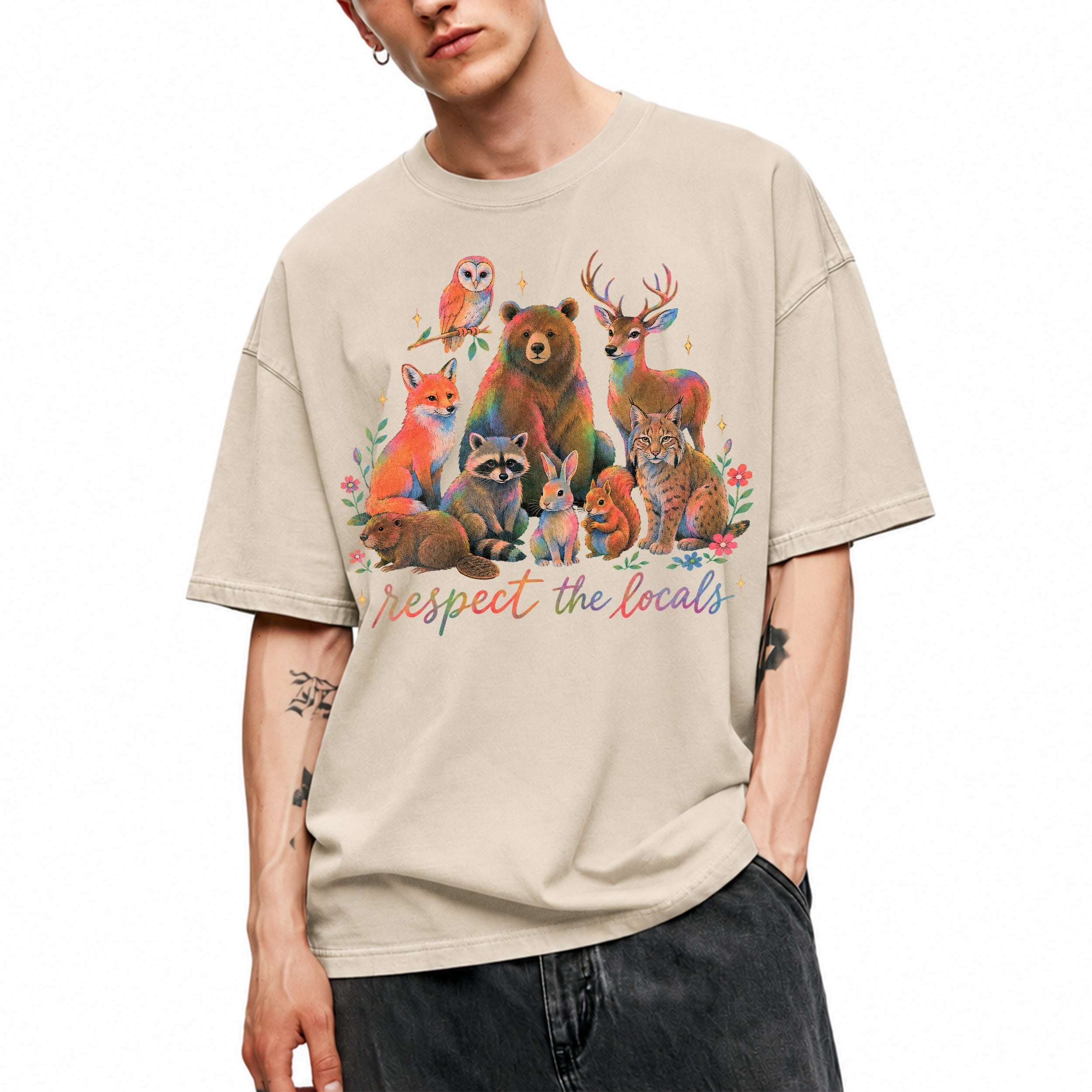 SF_COLOR=sand; SF_ITEM=adult-t-shirt; SF_ROLE=main; Respect The Locals Forest Animals Nature T-Shirt Funny Hiking Outdoors Tee - Sand Adult T-Shirt product image