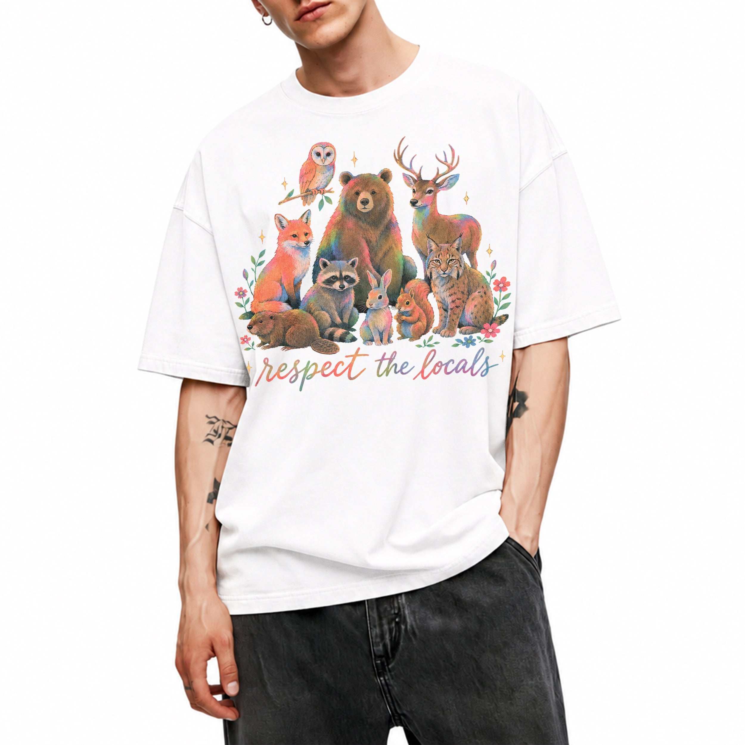 SF_COLOR=white; SF_ITEM=adult-t-shirt; SF_ROLE=main; Respect The Locals Forest Animals Nature T-Shirt Funny Hiking Outdoors Tee - White Adult T-Shirt product image