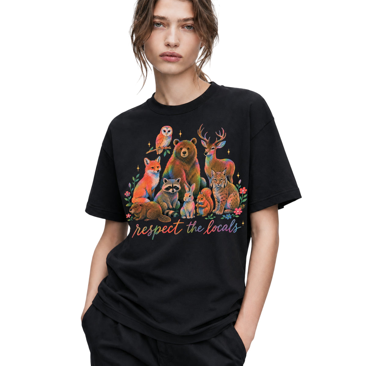 SF_COLOR=black; SF_ITEM=adult-t-shirt; SF_ROLE=gallery; Respect The Locals Forest Animals Nature T-Shirt Funny Hiking Outdoors Tee - Black Adult T-Shirt product image