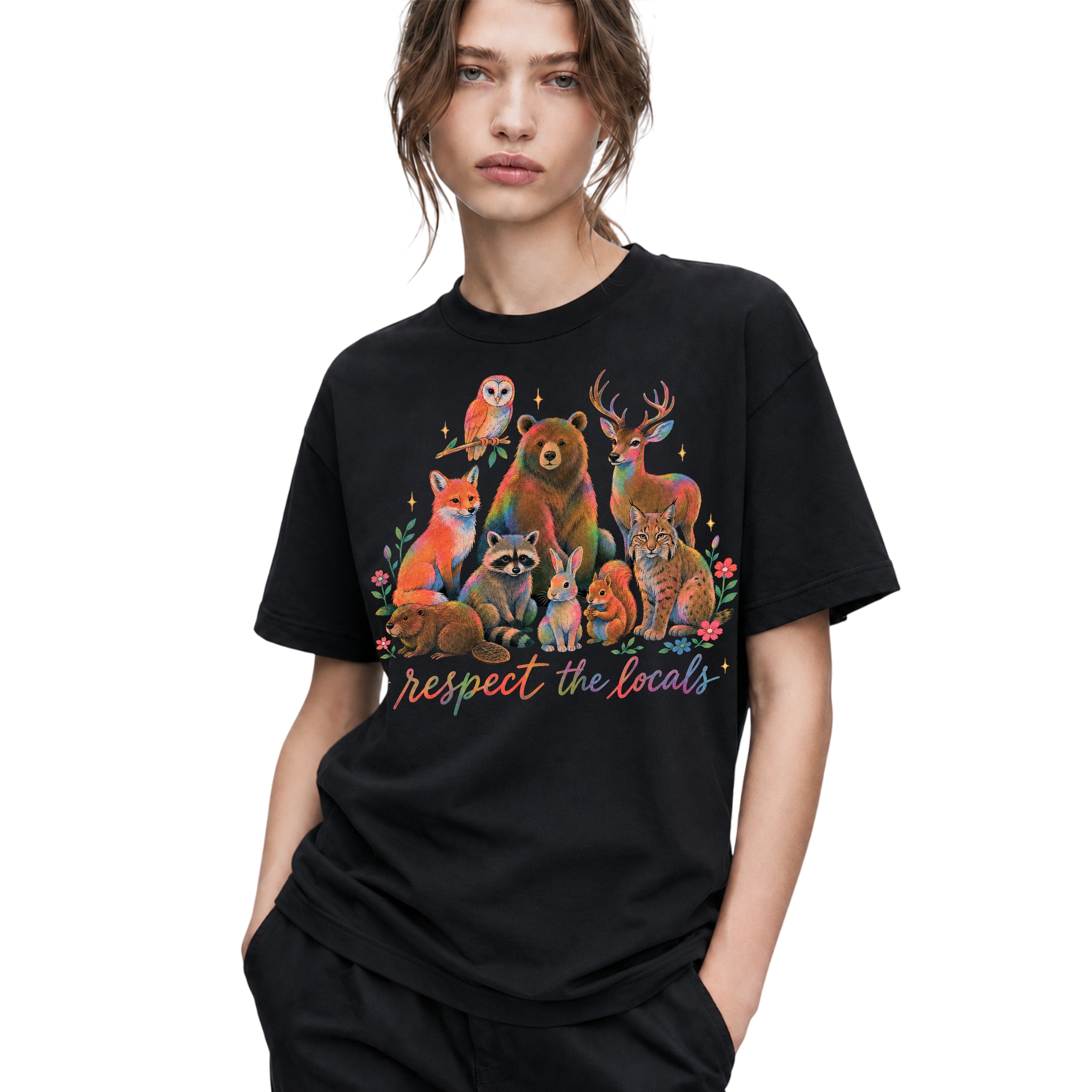 SF_COLOR=black; SF_ITEM=adult-t-shirt; SF_ROLE=gallery; Respect The Locals Forest Animals Nature T-Shirt Funny Hiking Outdoors Tee - Black Adult T-Shirt product image