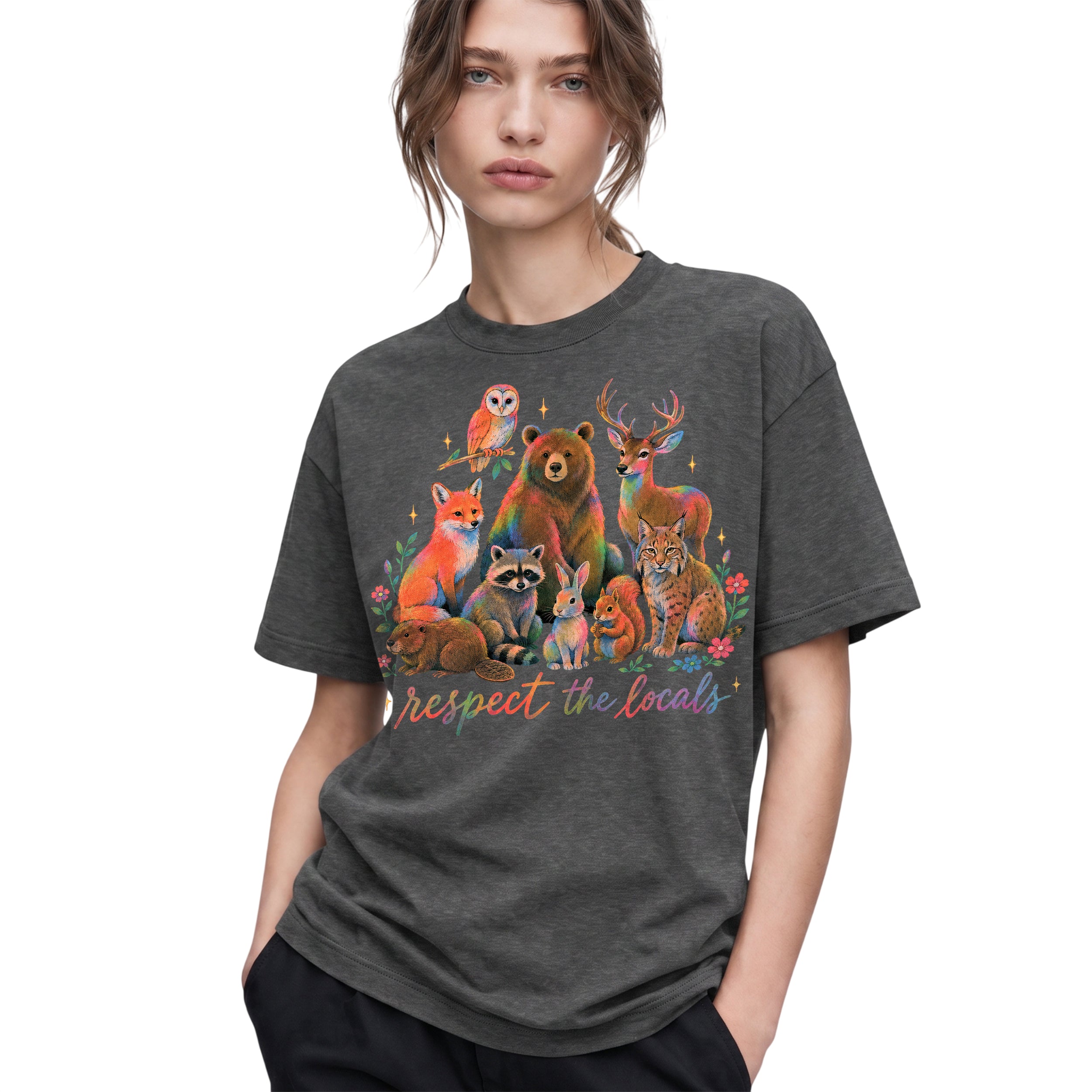 SF_COLOR=dark-heather; SF_ITEM=adult-t-shirt; SF_ROLE=gallery; Respect The Locals Forest Animals Nature T-Shirt Funny Hiking Outdoors Tee - Dark Heather Adult T-Shirt product image