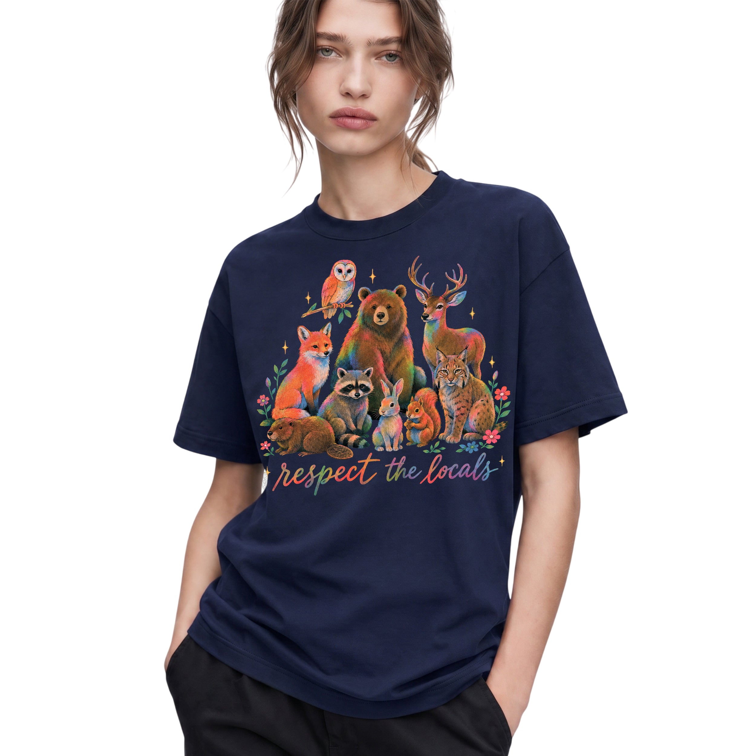SF_COLOR=navy; SF_ITEM=adult-t-shirt; SF_ROLE=gallery; Respect The Locals Forest Animals Nature T-Shirt Funny Hiking Outdoors Tee - Navy Adult T-Shirt product image