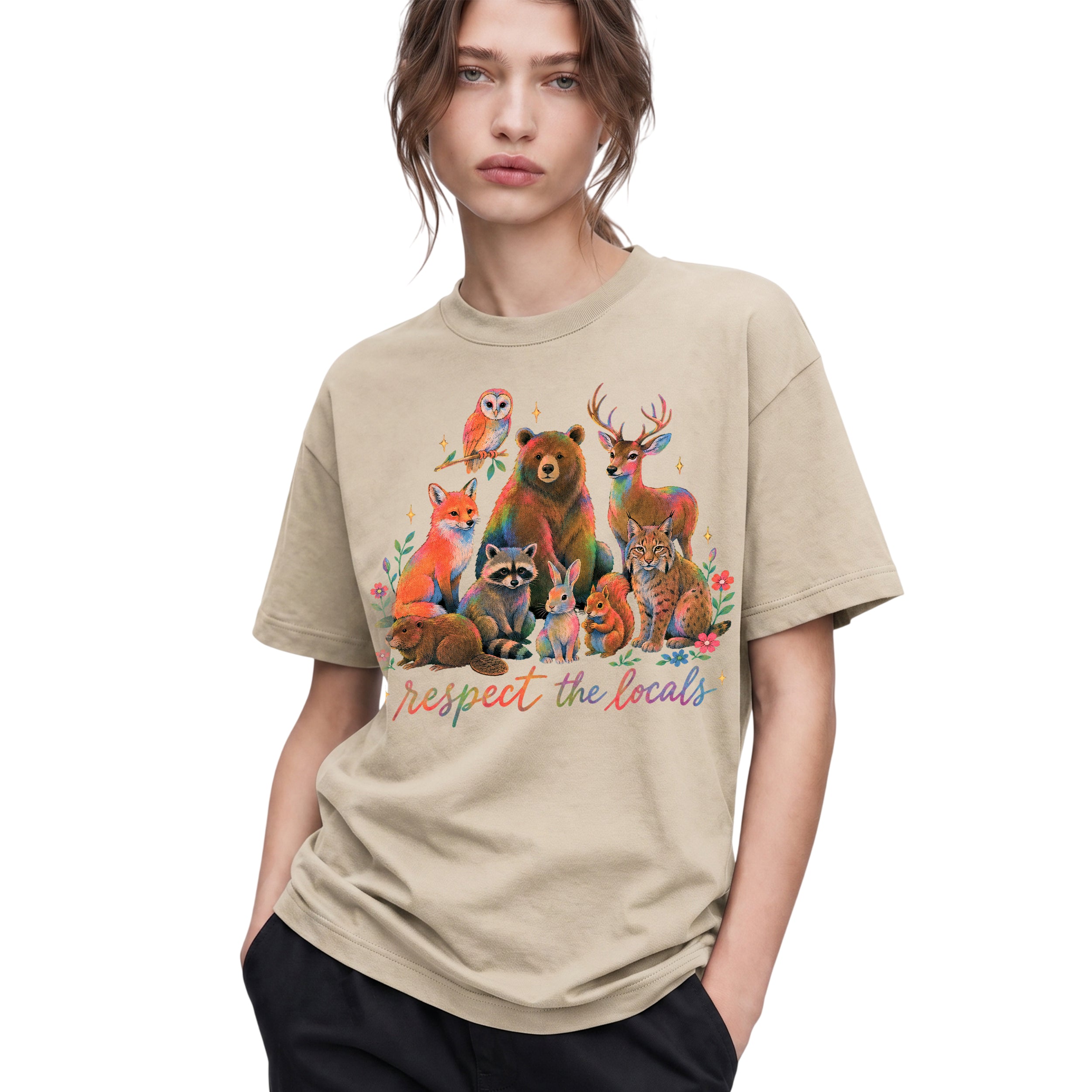 SF_COLOR=sand; SF_ITEM=adult-t-shirt; SF_ROLE=gallery; Respect The Locals Forest Animals Nature T-Shirt Funny Hiking Outdoors Tee - Sand Adult T-Shirt product image