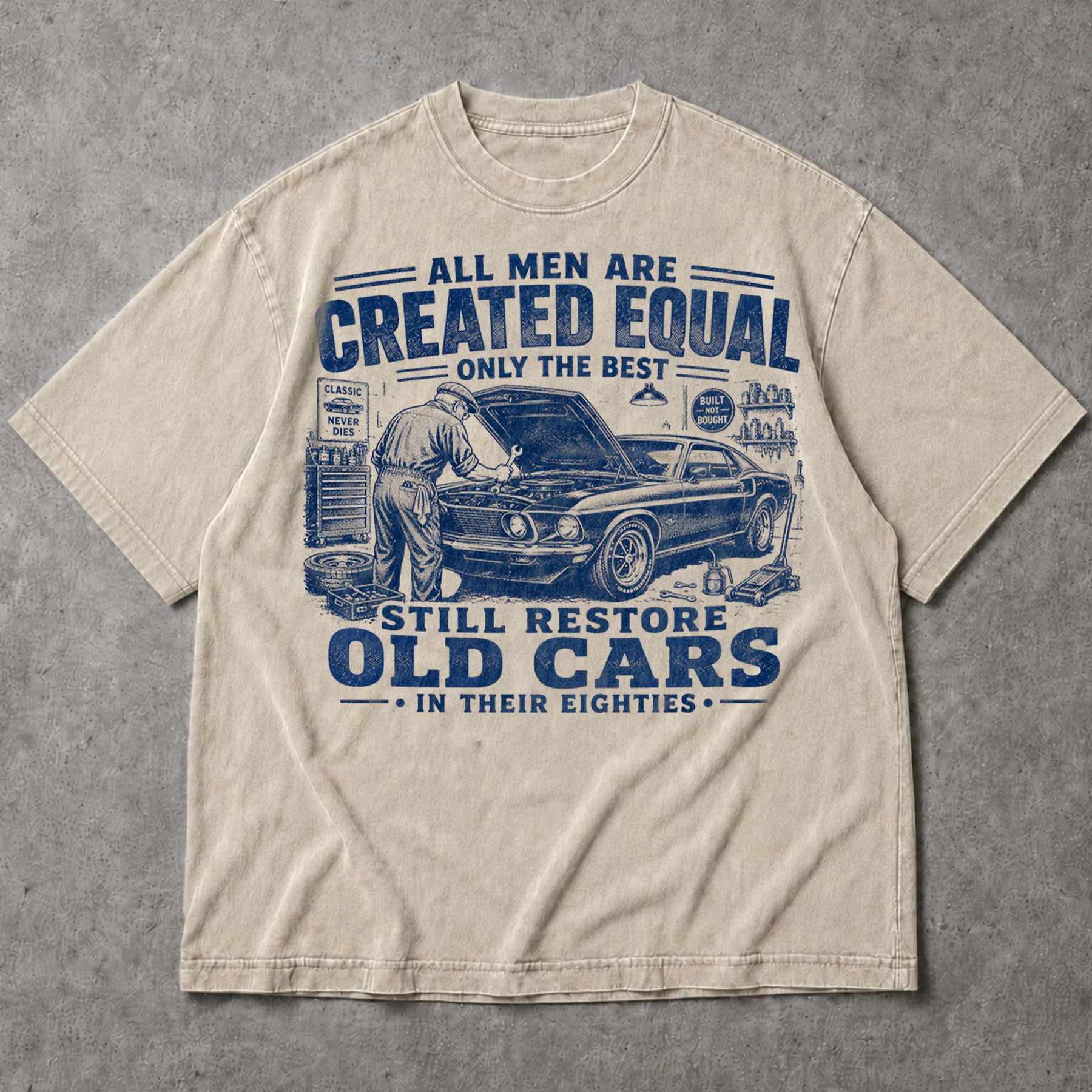 SF_COLOR=sand; SF_ITEM=adult-t-shirt; SF_ROLE=main; Restore Old Cars In Eighties T-Shirt Funny Auto Mechanic Classic Vehicle Apparel - Sand Adult T-Shirt product image