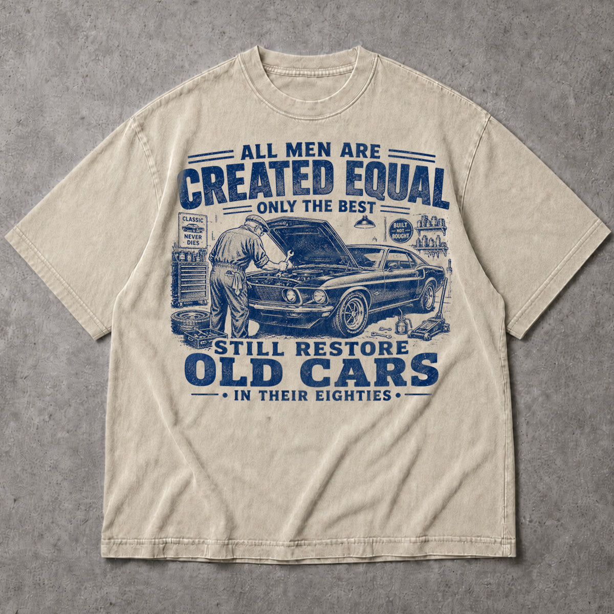 SF_COLOR=sand; SF_ITEM=adult-t-shirt; SF_ROLE=main; Restore Old Cars In Eighties T-Shirt Funny Auto Mechanic Classic Vehicle Apparel - Sand Adult T-Shirt product image