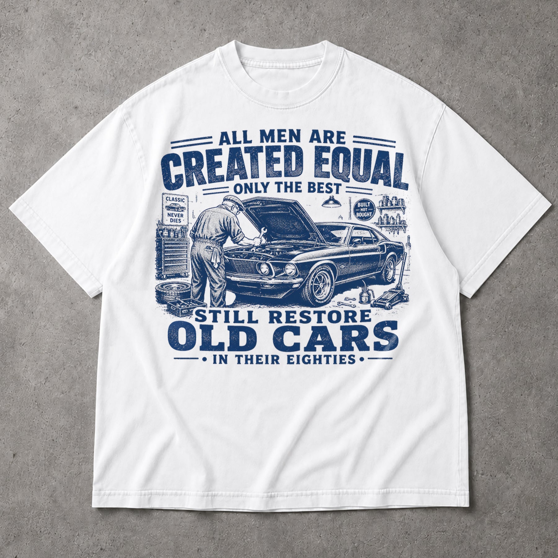 SF_COLOR=white; SF_ITEM=adult-t-shirt; SF_ROLE=main; Restore Old Cars In Eighties T-Shirt Funny Auto Mechanic Classic Vehicle Apparel - White Adult T-Shirt product image