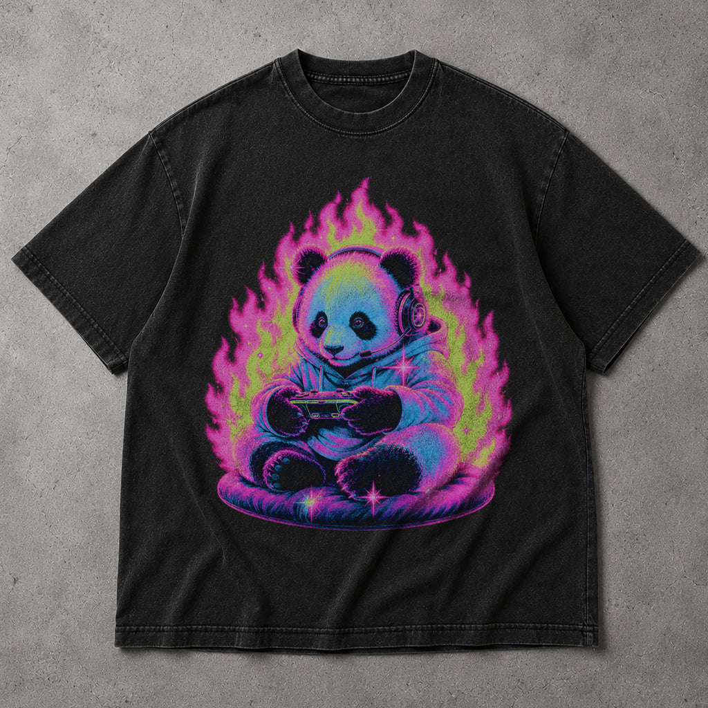 SF_COLOR=black; SF_ITEM=adult-t-shirt; SF_ROLE=main; Retro Arcade Gamer Panda T-Shirt Glowing Flame Video Games Controller Kawaii Tee - Black Adult T-Shirt product image