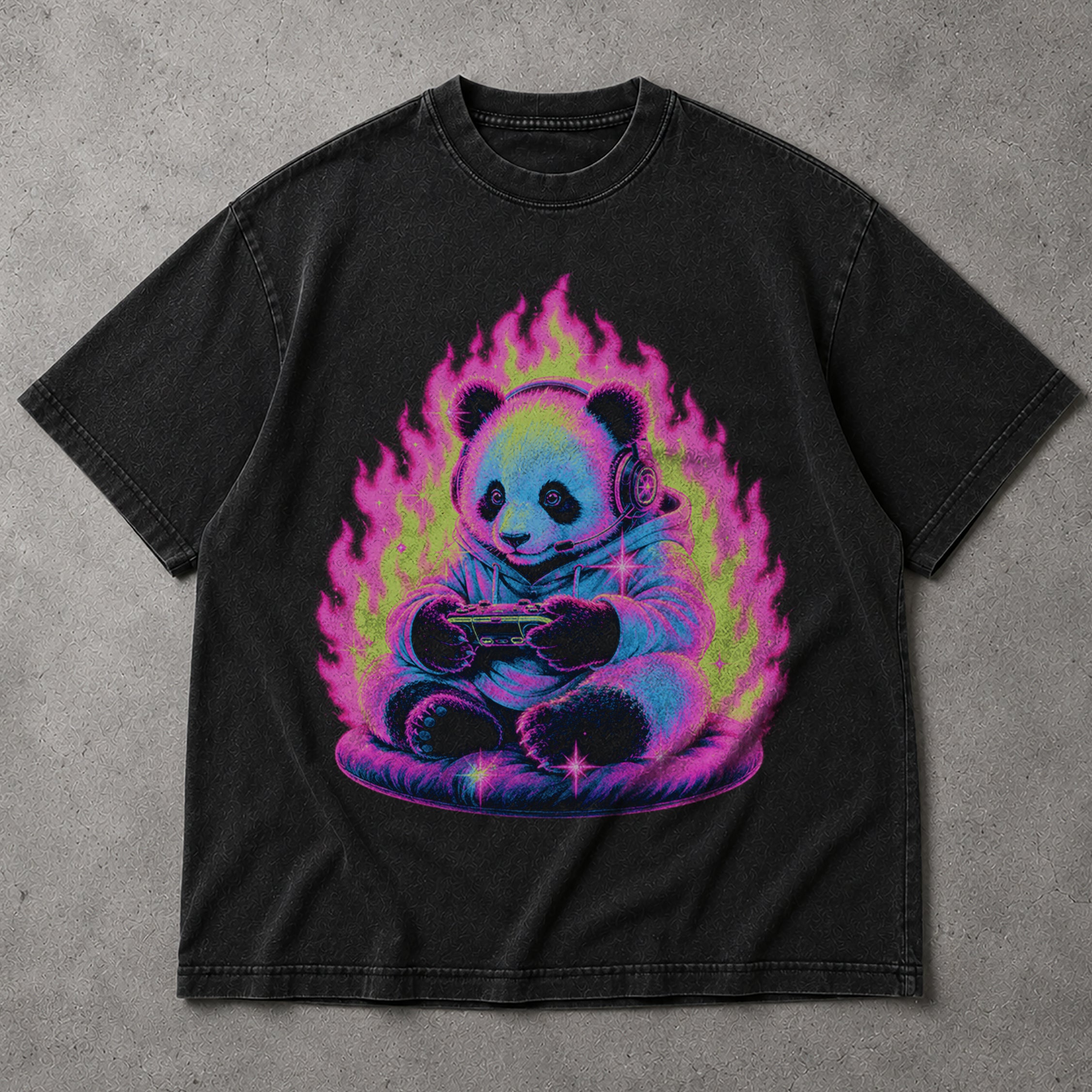 SF_COLOR=black; SF_ITEM=adult-t-shirt; SF_ROLE=main; Retro Arcade Gamer Panda T-Shirt Glowing Flame Video Games Controller Kawaii Tee - Black Adult T-Shirt product image