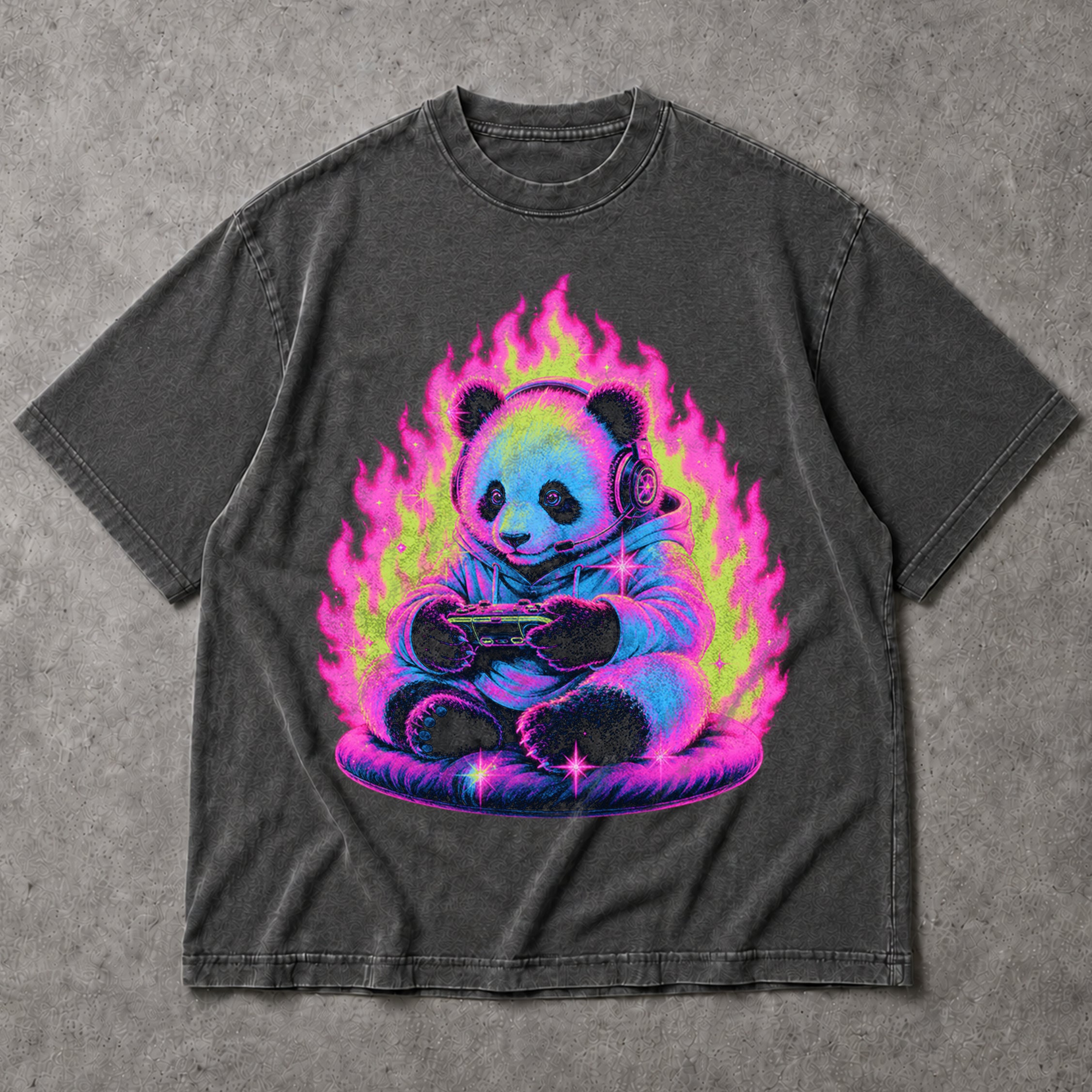 SF_COLOR=dark-heather; SF_ITEM=adult-t-shirt; SF_ROLE=main; Retro Arcade Gamer Panda T-Shirt Glowing Flame Video Games Controller Kawaii Tee - Dark Heather Adult T-Shirt product image