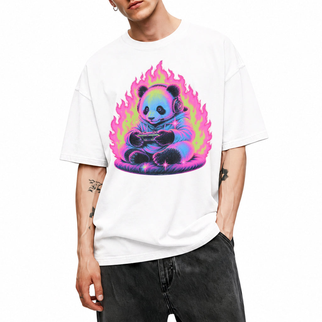 SF_COLOR=white; SF_ITEM=adult-t-shirt; SF_ROLE=gallery; Retro Arcade Gamer Panda T-Shirt Glowing Flame Video Games Controller Kawaii Tee - White Adult T-Shirt product image